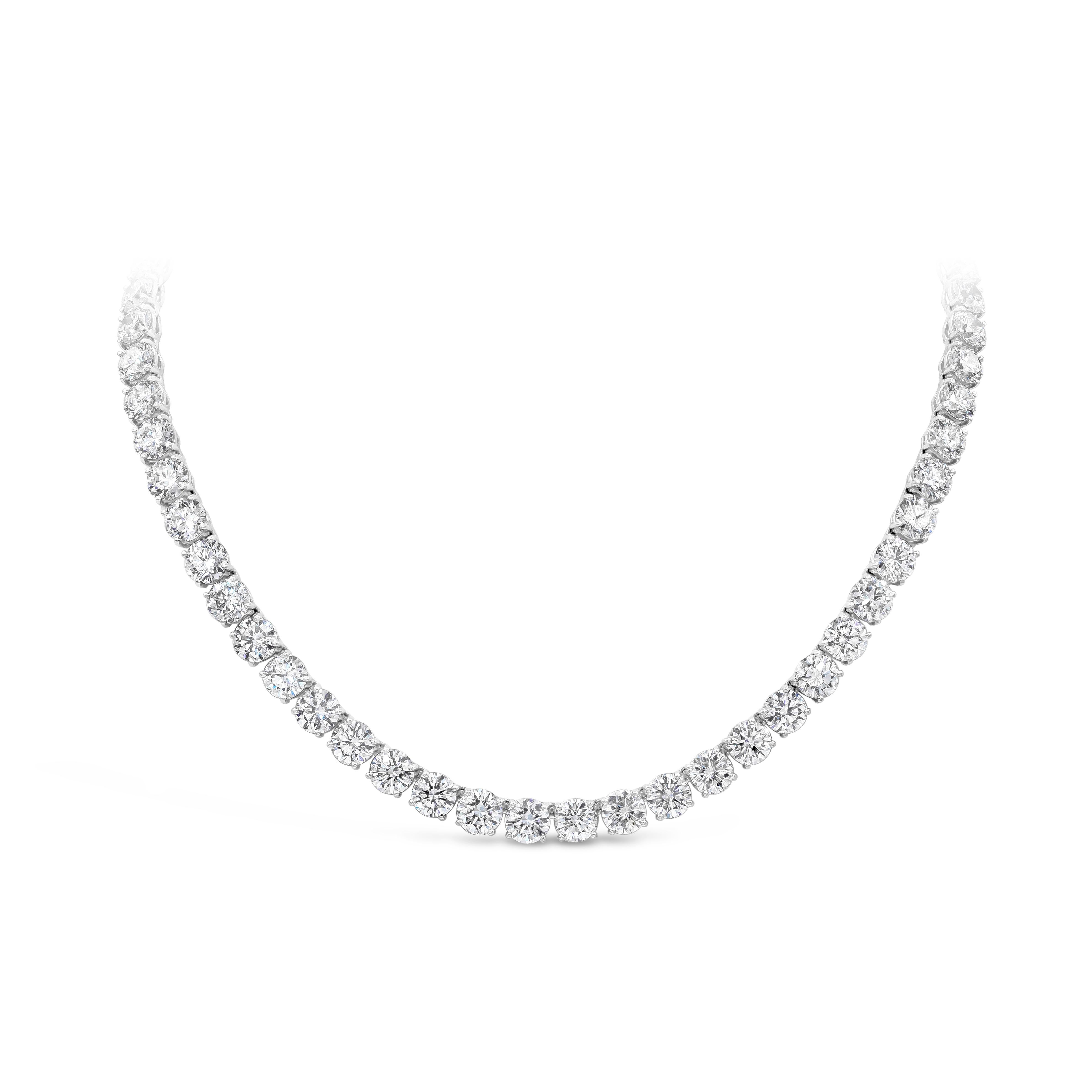 A brilliant and classic piece tennis necklace showcasing a line of round diamonds set in polished platinum. All the diamonds in this necklace is GIA certified and weighs 60.62 carats total. 16 inches in length.

Roman Malakov is a custom house,