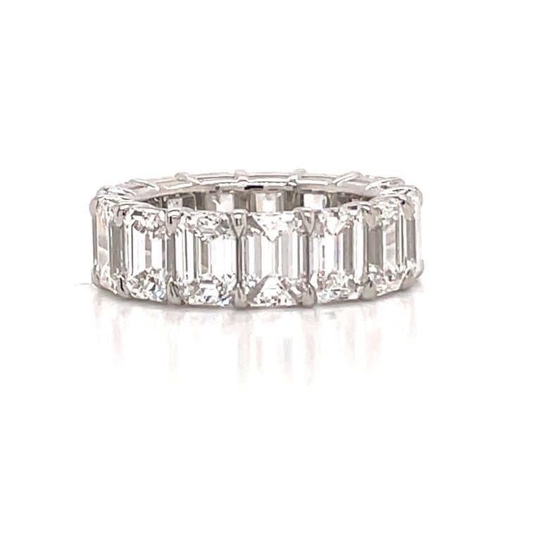 Magnificent GIA Certified eternity ring featuring 15 Emerald cut diamonds weighing 10.68 carats, crafted in Platinum. 
Average 0.70 Carats Each
All diamonds are GIA Certified with gradings from D-F Color, FL-VS2 Clarity. Perfectly Matched!
Airline