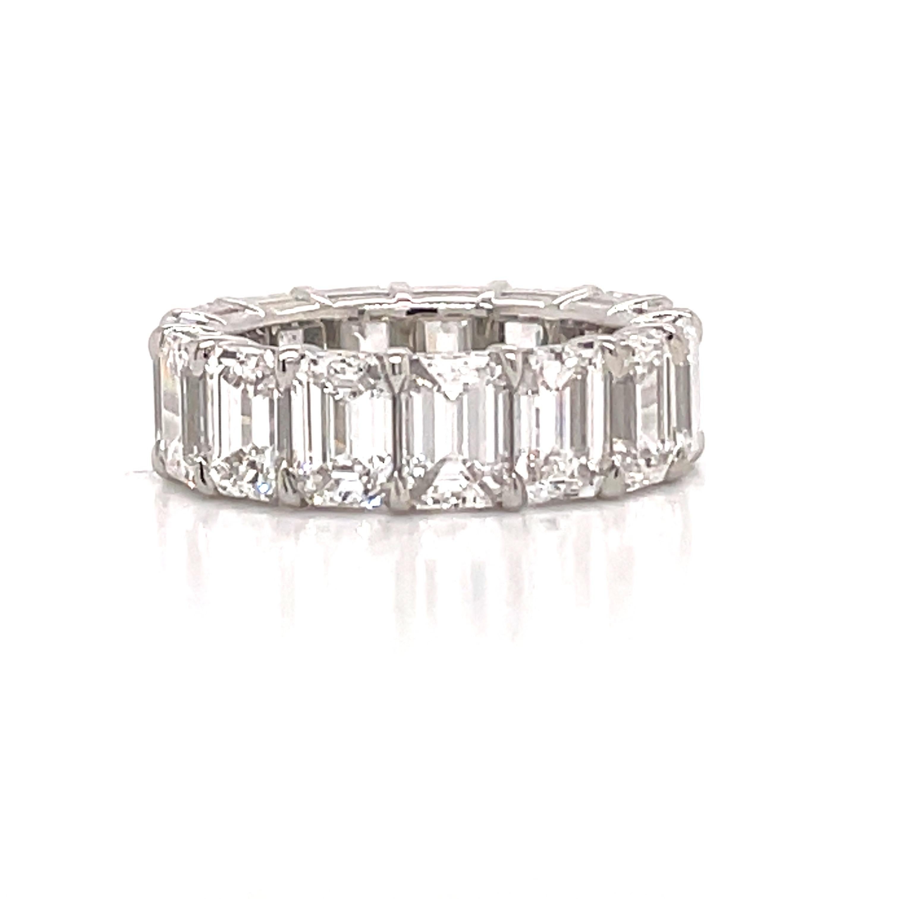 Exceptional GIA Certified eternity ring featuring 17 Emerald cut diamonds weighing 10.82 carats, crafted in Platinum. 
All diamonds are GIA Certified with gradings from D-F Color, FL-VS2 Clarity. Perfectly Matched!
Airline gallery, comfort fit!
Also