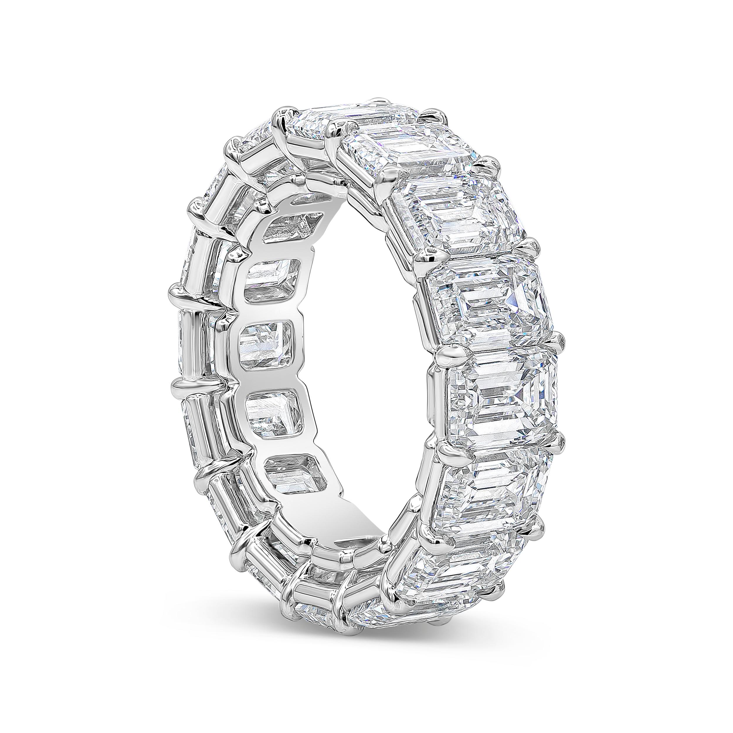 A collection quality eternity wedding band showcasing emerald cut diamonds weighing 12.48 carats total, set in an open-gallery setting made in platinum. Each diamond is accompanied by a GIA certificate stating that the diamond is G-H color, IF-VS1