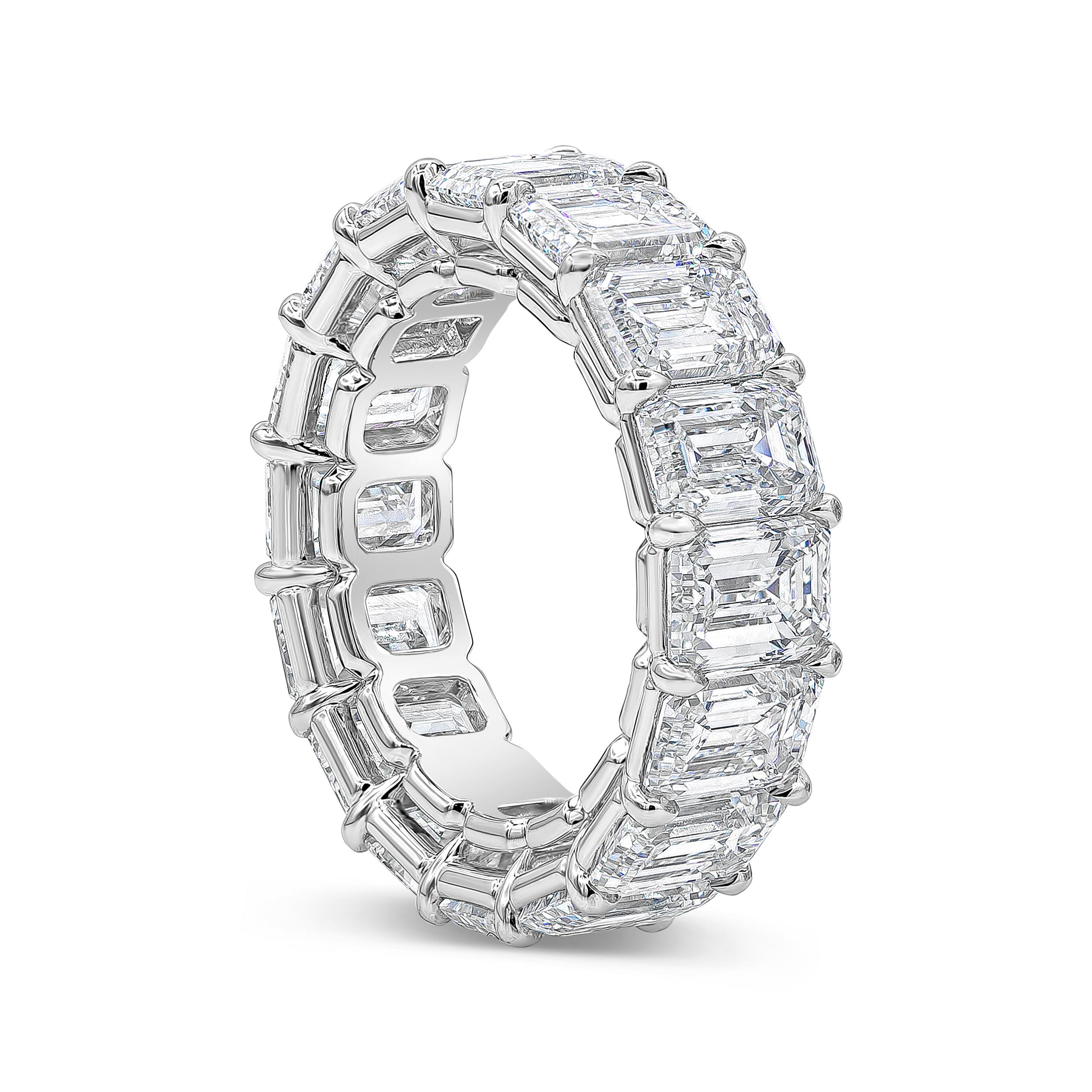 A gorgeous eternity wedding band, showcasing emerald cut diamonds weighing 12.48 carats total, set in an open-gallery setting. Each diamond is certified by GIA as G-H color and IF-VS1 clarity. Finely made with platinum. 

Roman Malakov is a custom