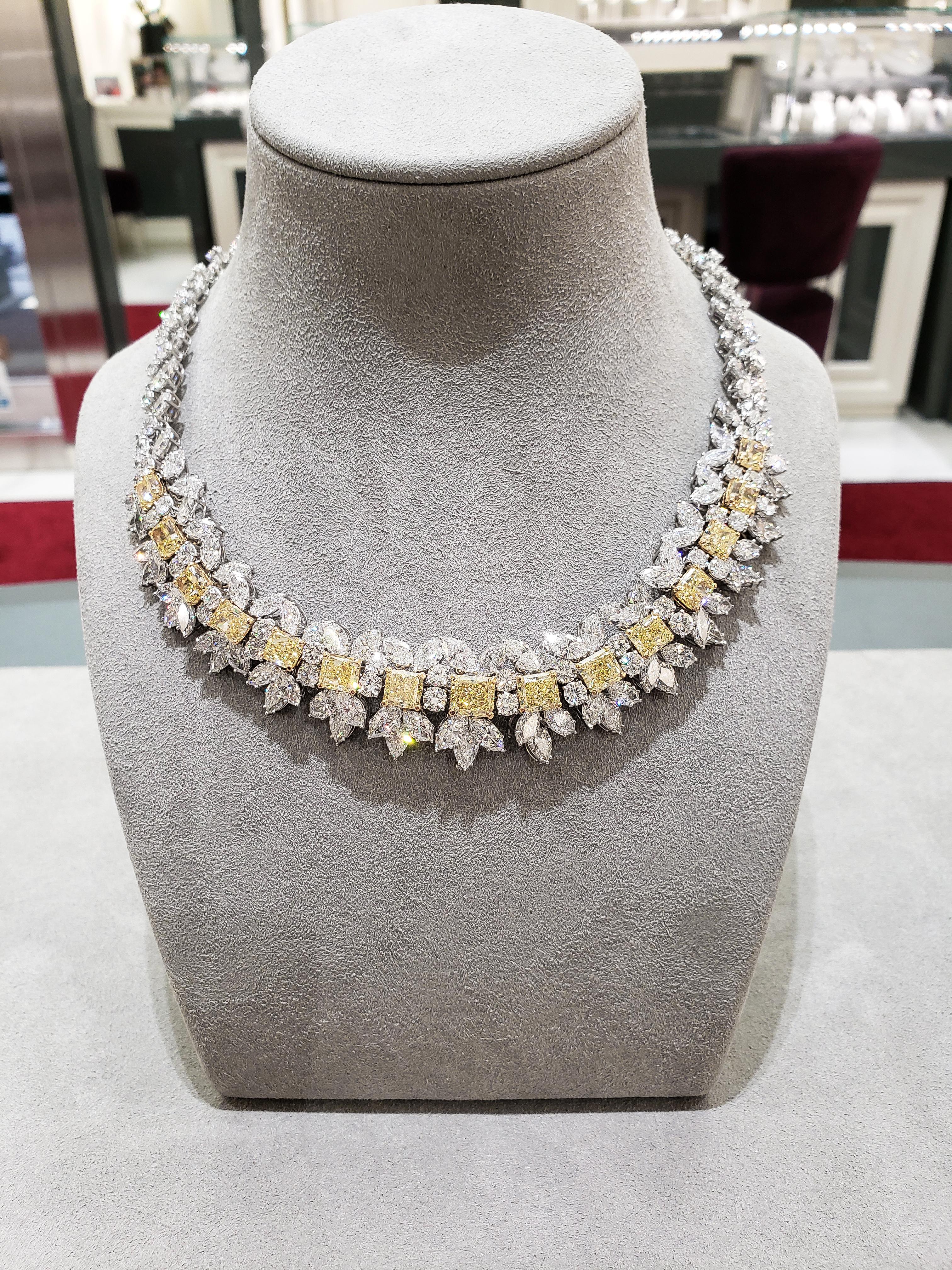 Radiant Cut Roman Malakov GIA Certified 23.45 Carat Total Fancy Intense Yellow Necklace For Sale