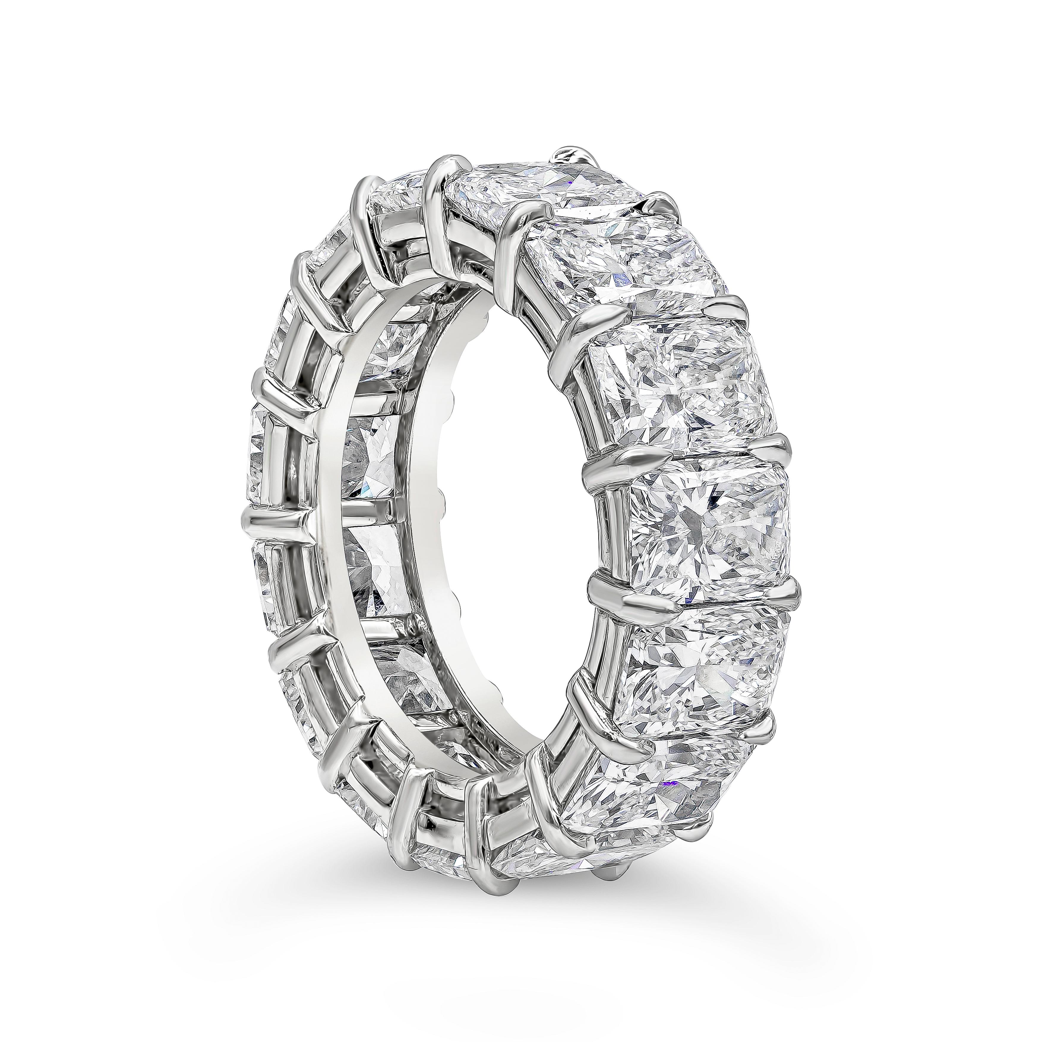 An important and classic eternity wedding band ring showcasing a row of all GIA certified brilliant radiant cut diamonds weighing 11.39 carats total, D-E Color and IF-VVS1 in Clarity respectively. Set in a handcrafted open-gallery style setting,