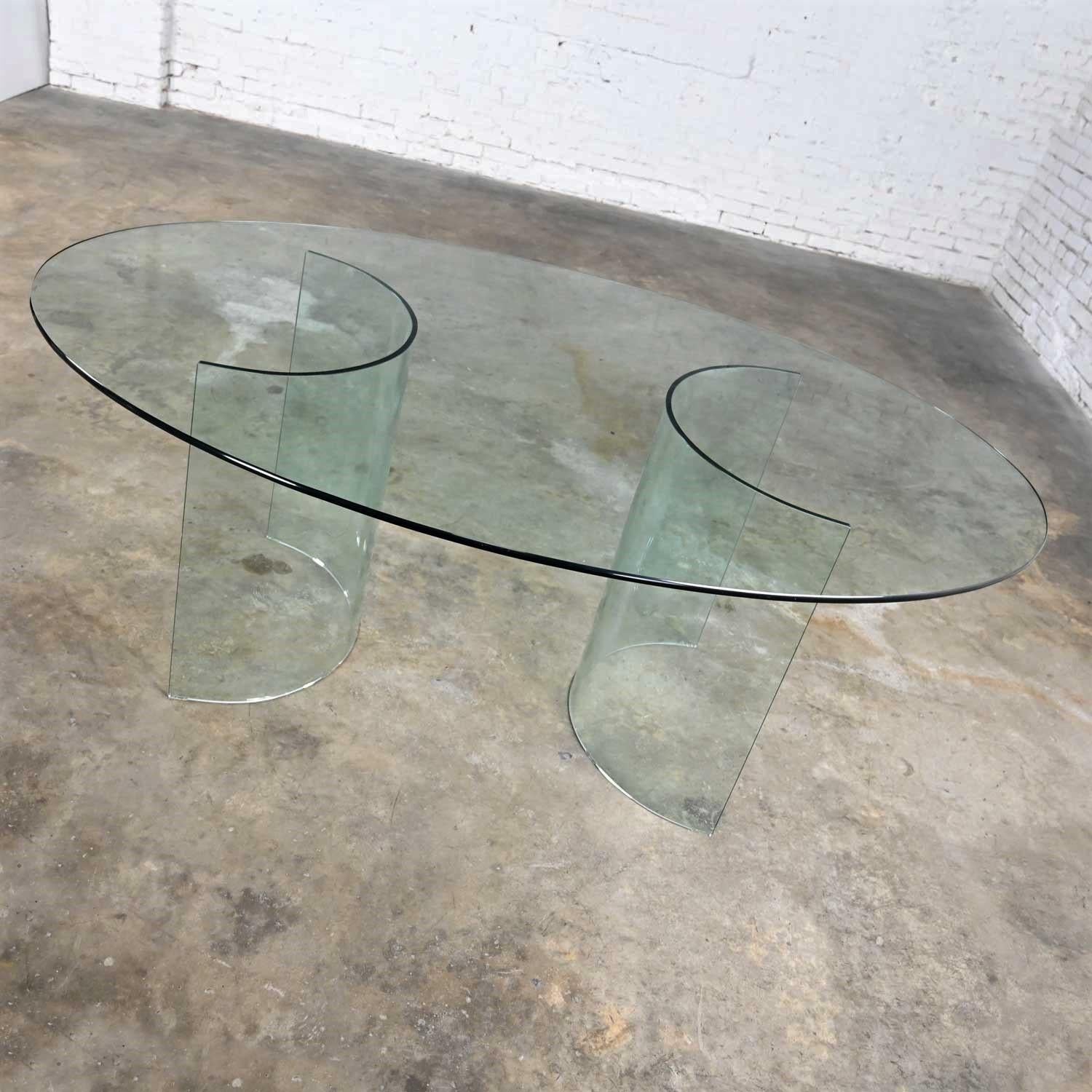 All Glass Modern Dining Table Semi-Circle Dual Pedestal Bases & Elliptical Top 2