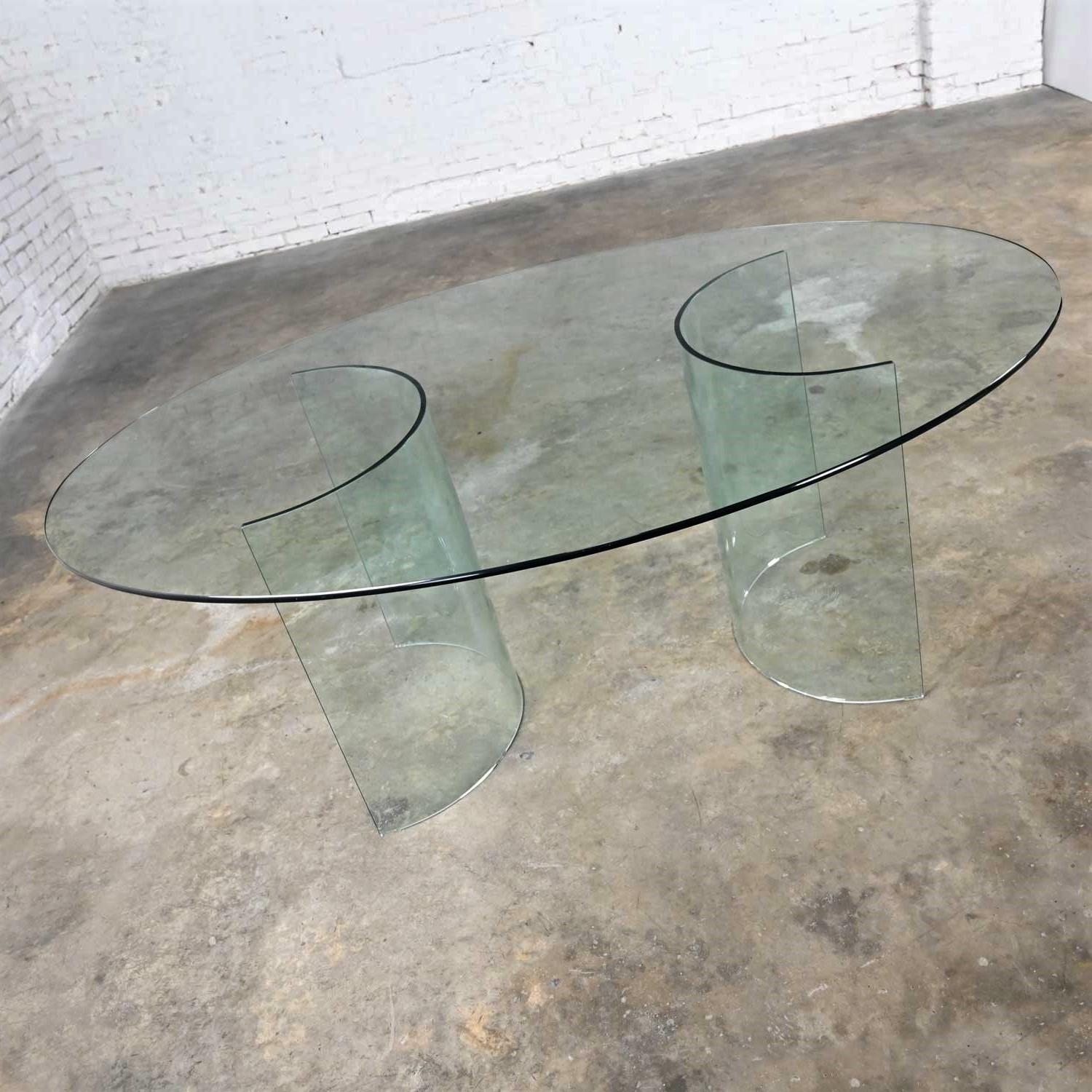 All Glass Modern Dining Table Semi-Circle Dual Pedestal Bases & Elliptical Top  3