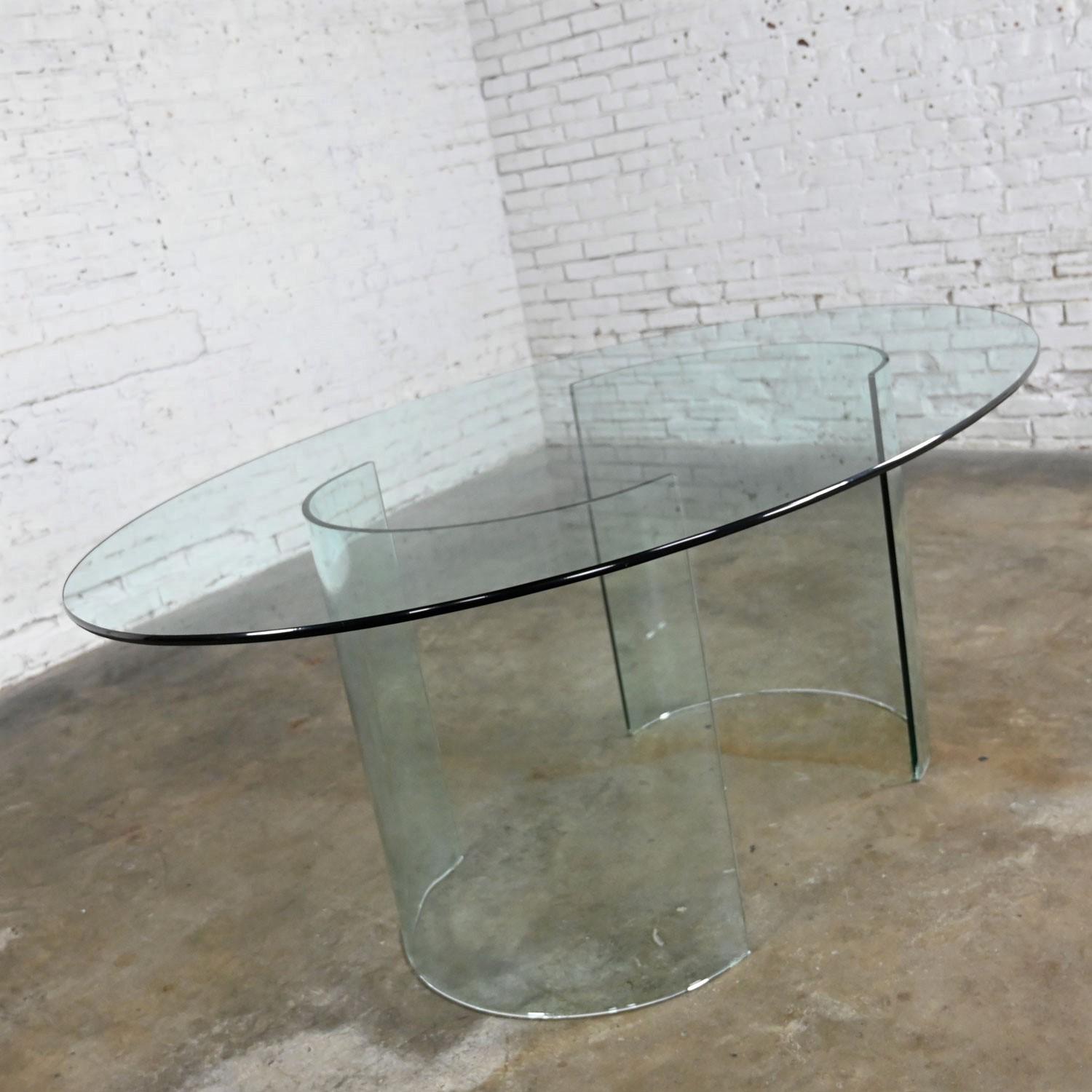 All Glass Modern Dining Table Semi-Circle Dual Pedestal Bases & Elliptical Top  4