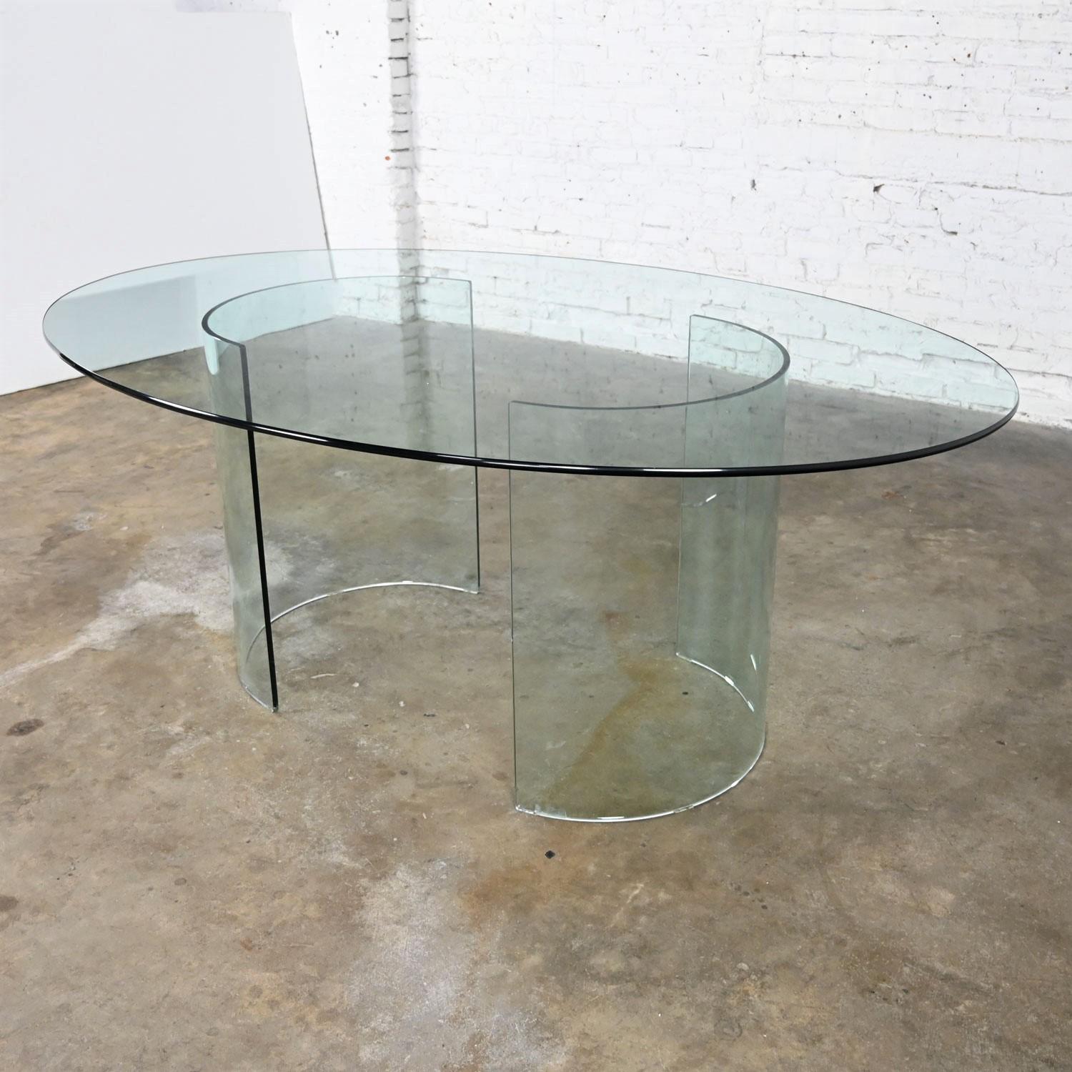 All Glass Modern Dining Table Semi-Circle Dual Pedestal Bases & Elliptical Top  5