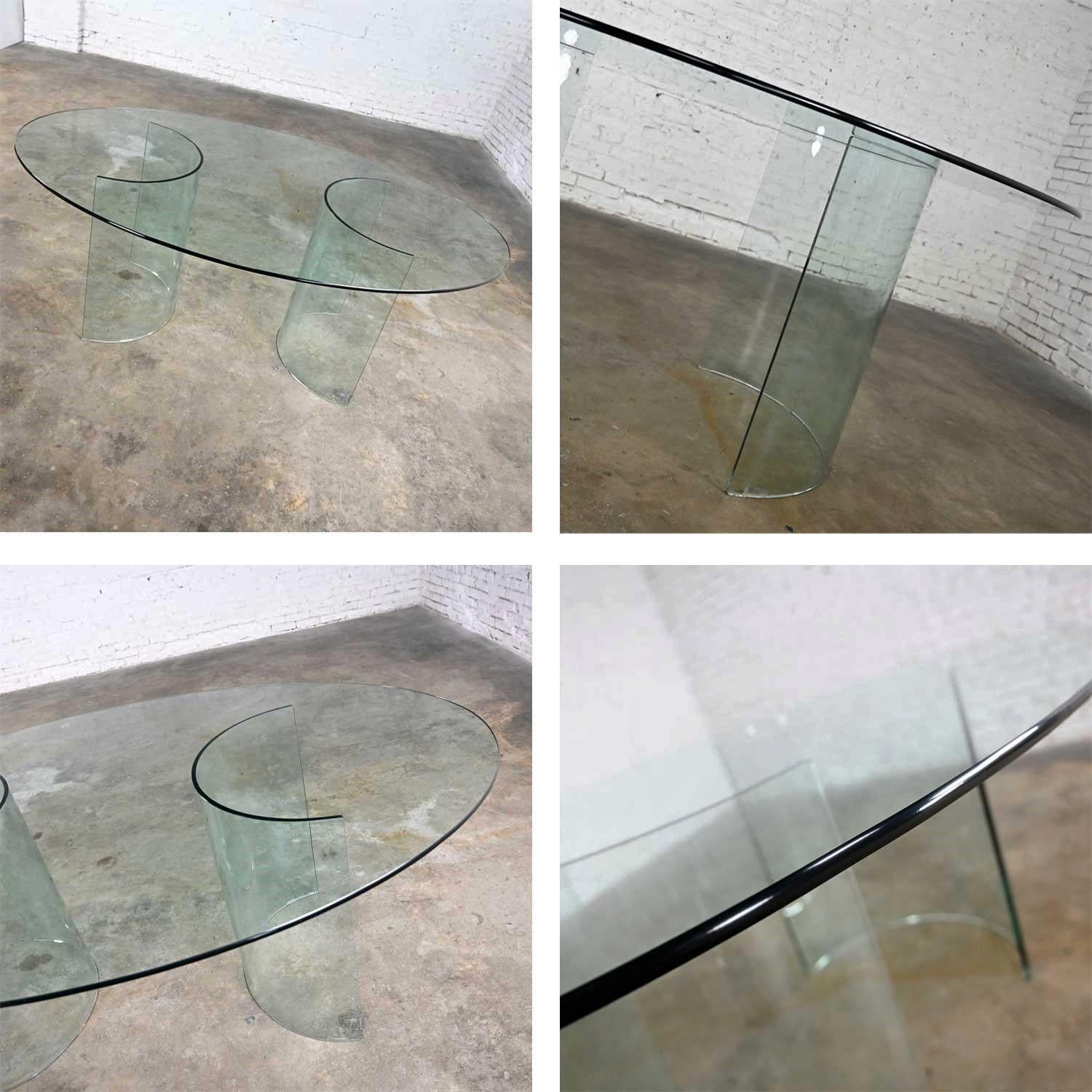 All Glass Modern Dining Table Semi-Circle Dual Pedestal Bases & Elliptical Top  6