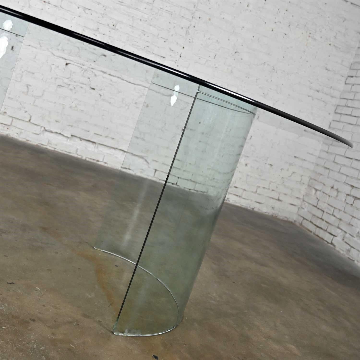 All Glass Modern Dining Table Semi-Circle Dual Pedestal Bases & Elliptical Top  8