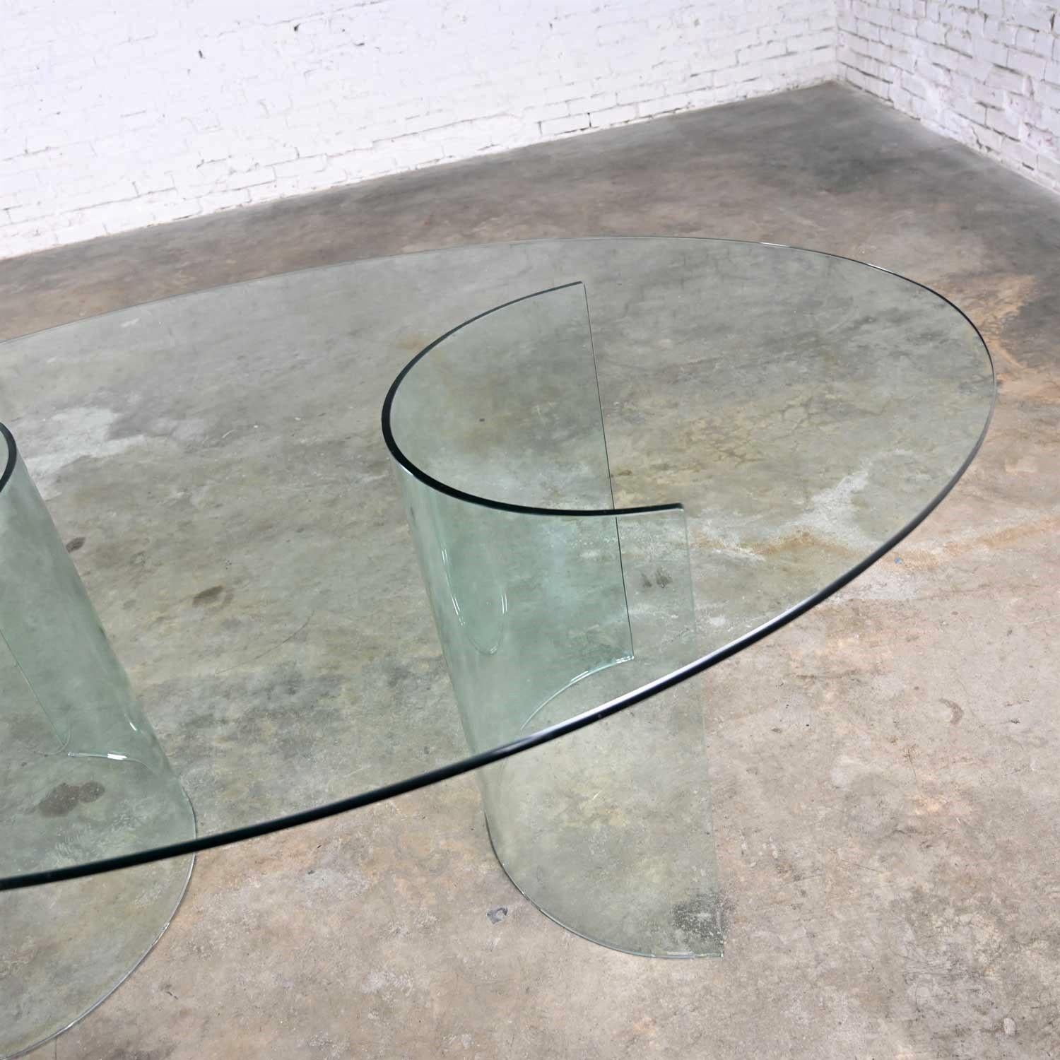 All Glass Modern Dining Table Semi-Circle Dual Pedestal Bases & Elliptical Top  9