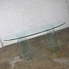 All Glass Modern Dining Table Semi-Circle Dual Pedestal Bases & Elliptical Top