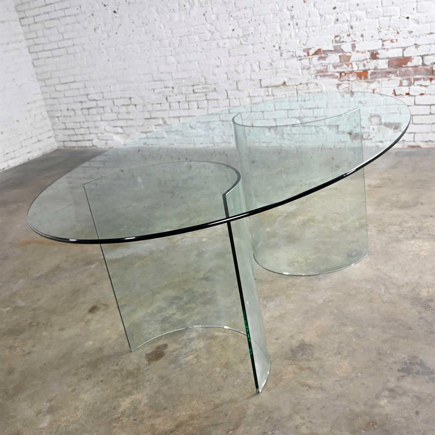 All Glass Modern Dining Table Semi-Circle Dual Pedestal Bases & Elliptical Top  In Good Condition In Topeka, KS
