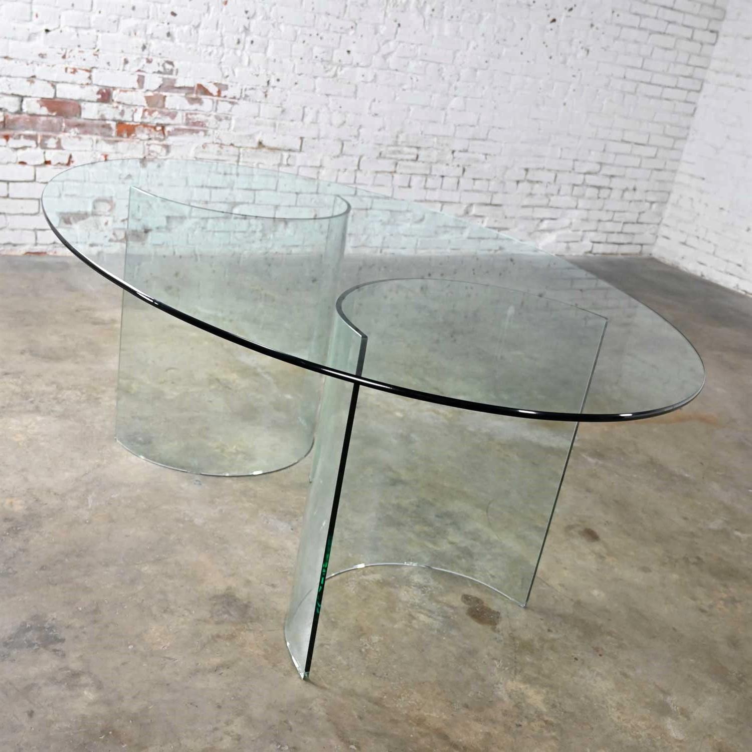 20th Century All Glass Modern Dining Table Semi-Circle Dual Pedestal Bases & Elliptical Top 