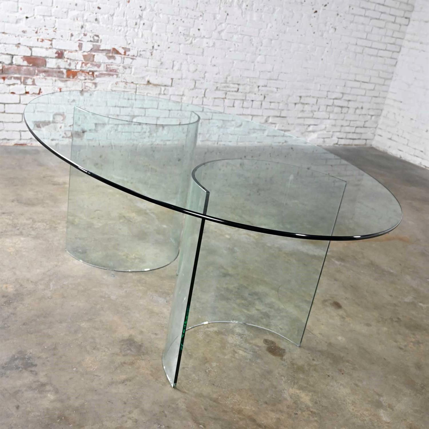 20th Century All Glass Modern Dining Table Semi-Circle Dual Pedestal Bases & Elliptical Top