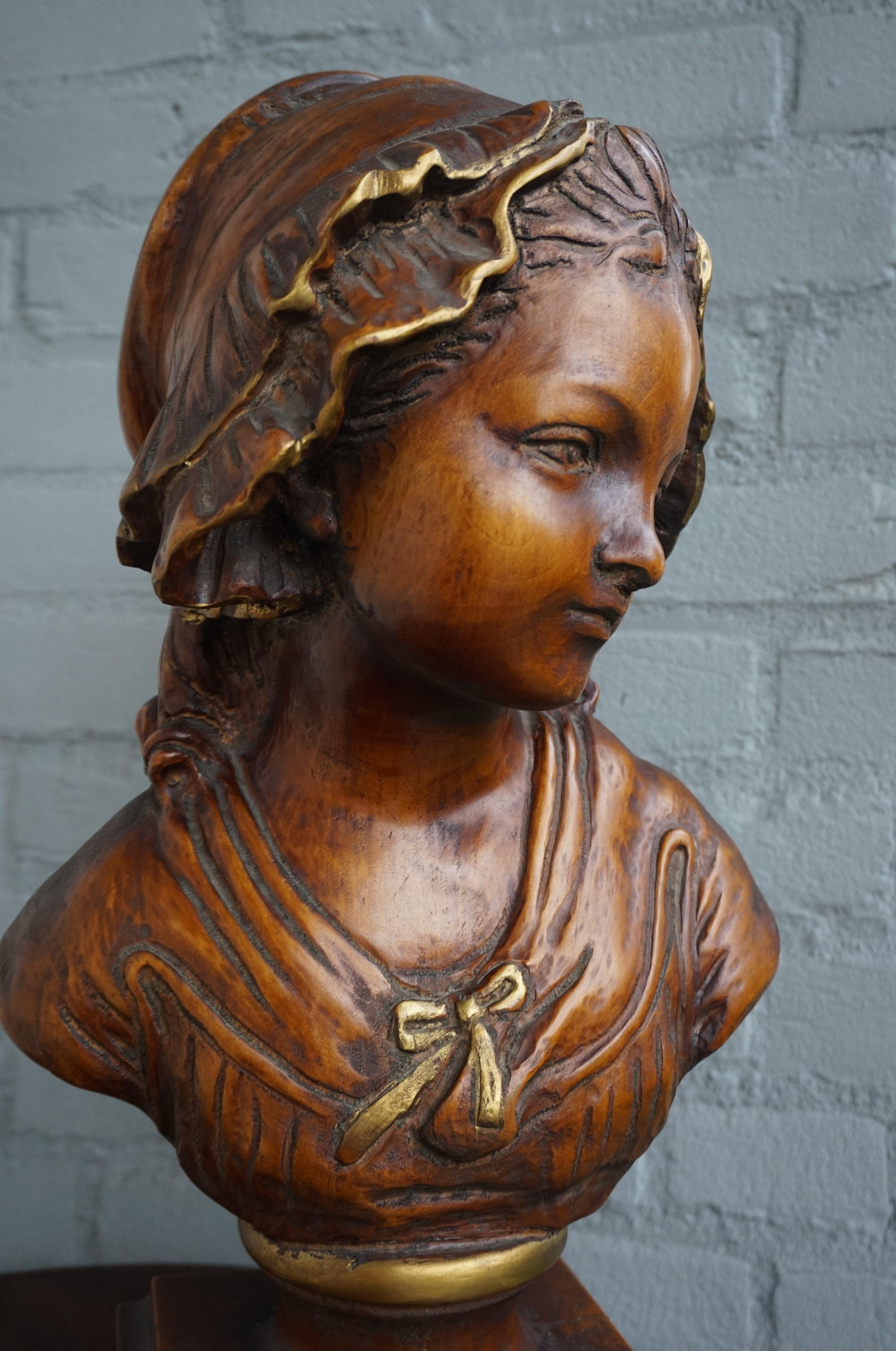 All Hand Carved Arts & Crafts Era, Wooden Girl Sculpture with Amazing Patina For Sale 4