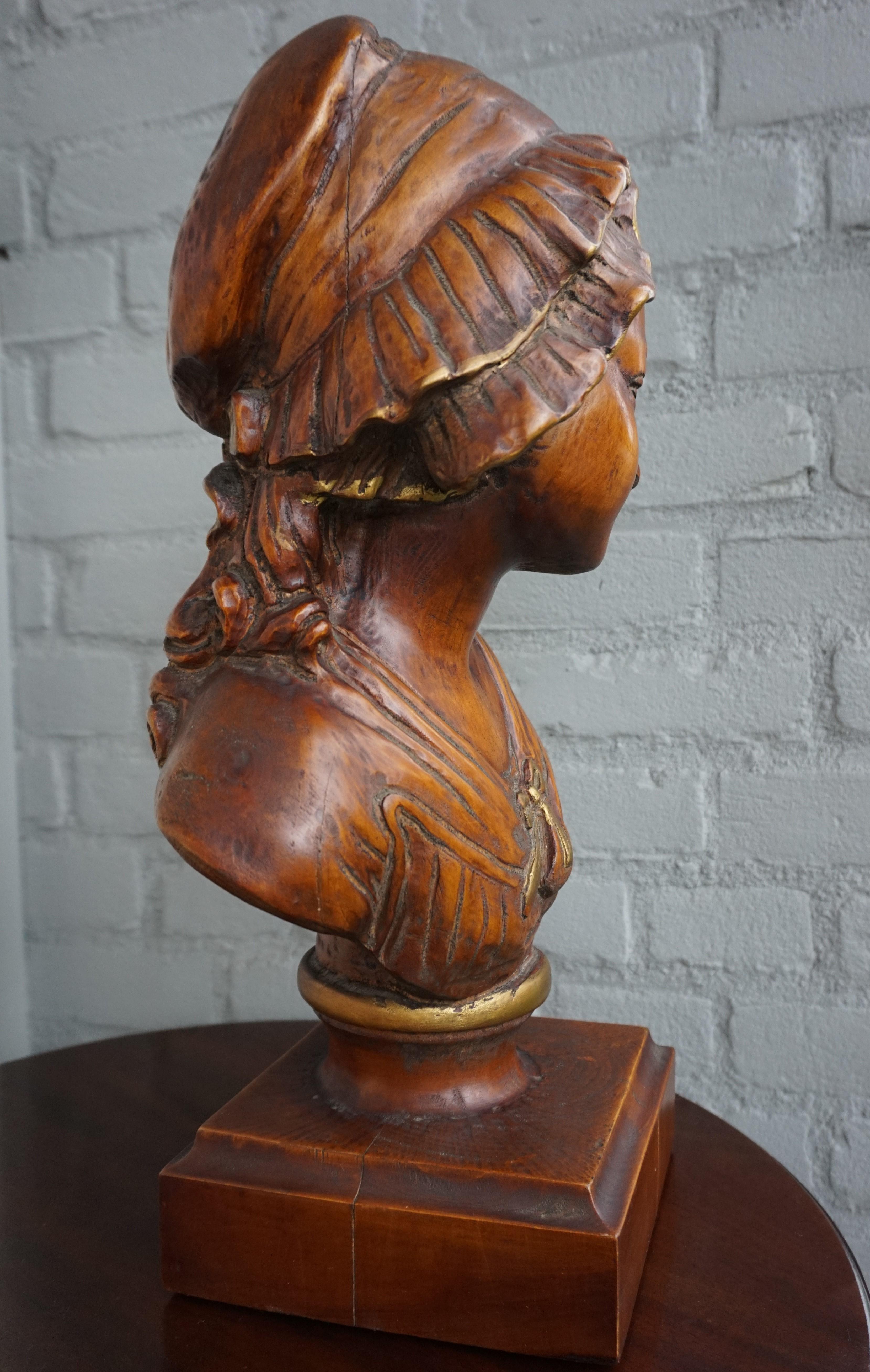 All Hand Carved Arts & Crafts Era, Wooden Girl Sculpture with Amazing Patina For Sale 6