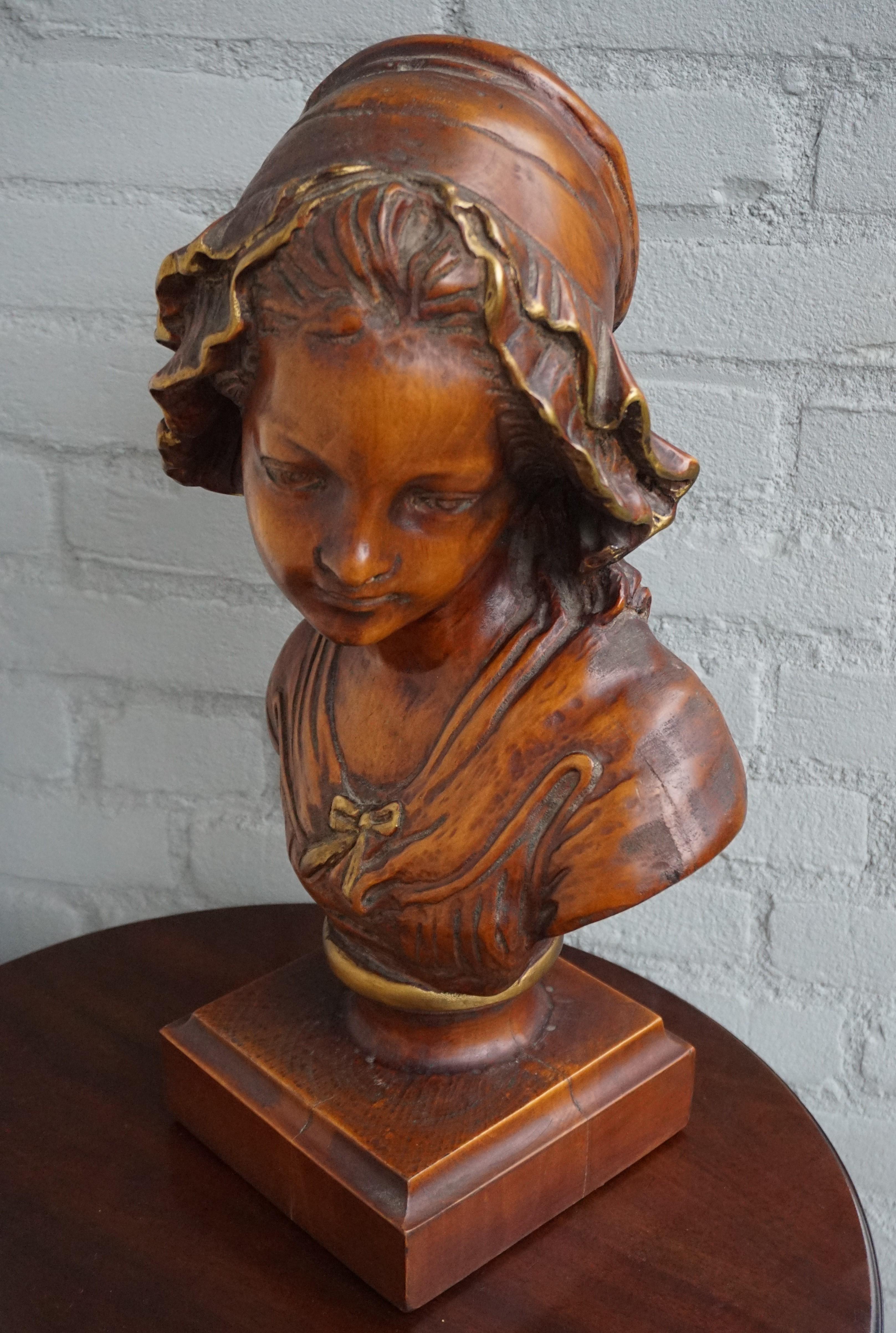 All Hand Carved Arts & Crafts Era, Wooden Girl Sculpture with Amazing Patina For Sale 9