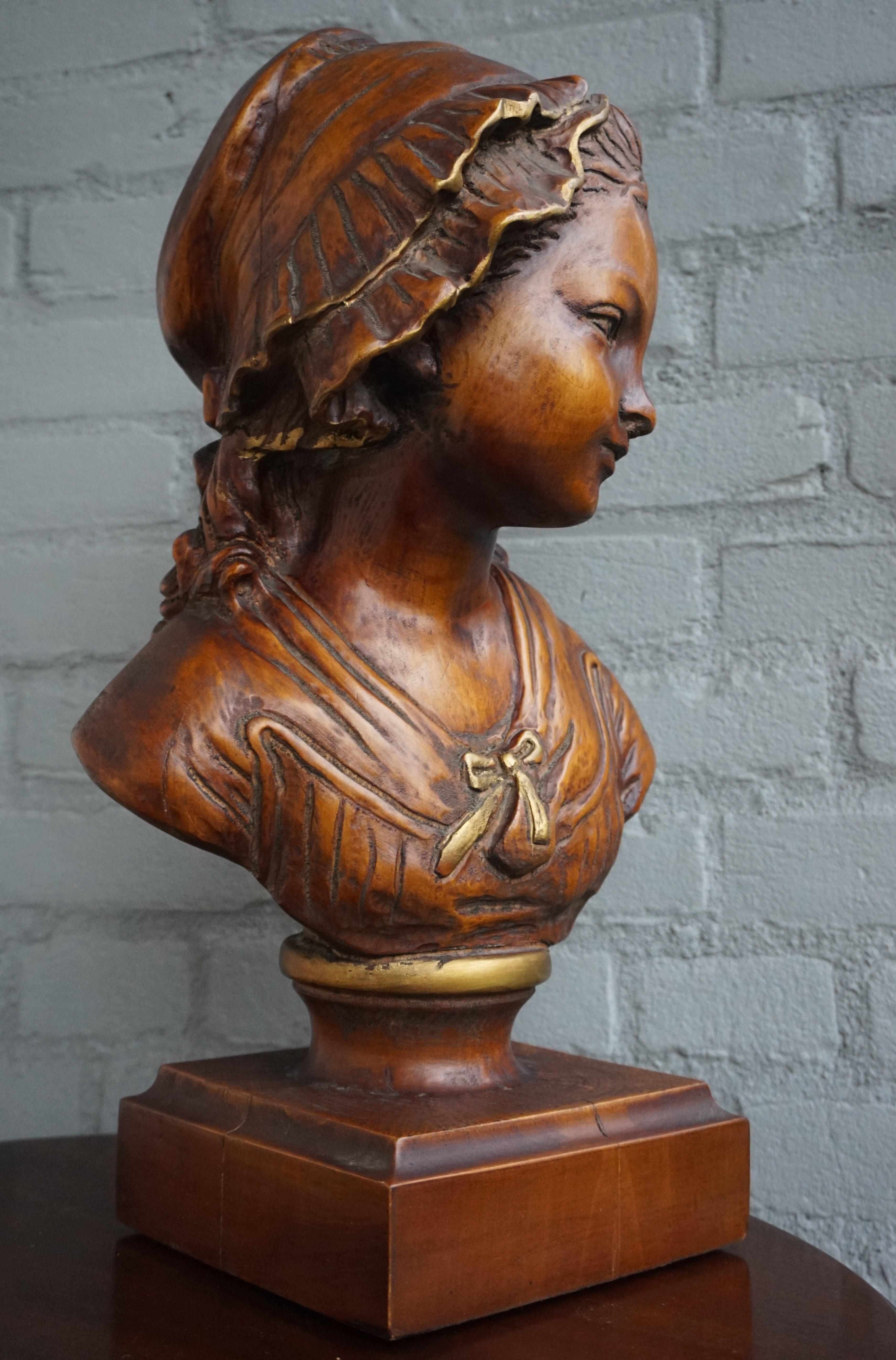 All Hand Carved Arts & Crafts Era, Wooden Girl Sculpture with Amazing Patina For Sale 10