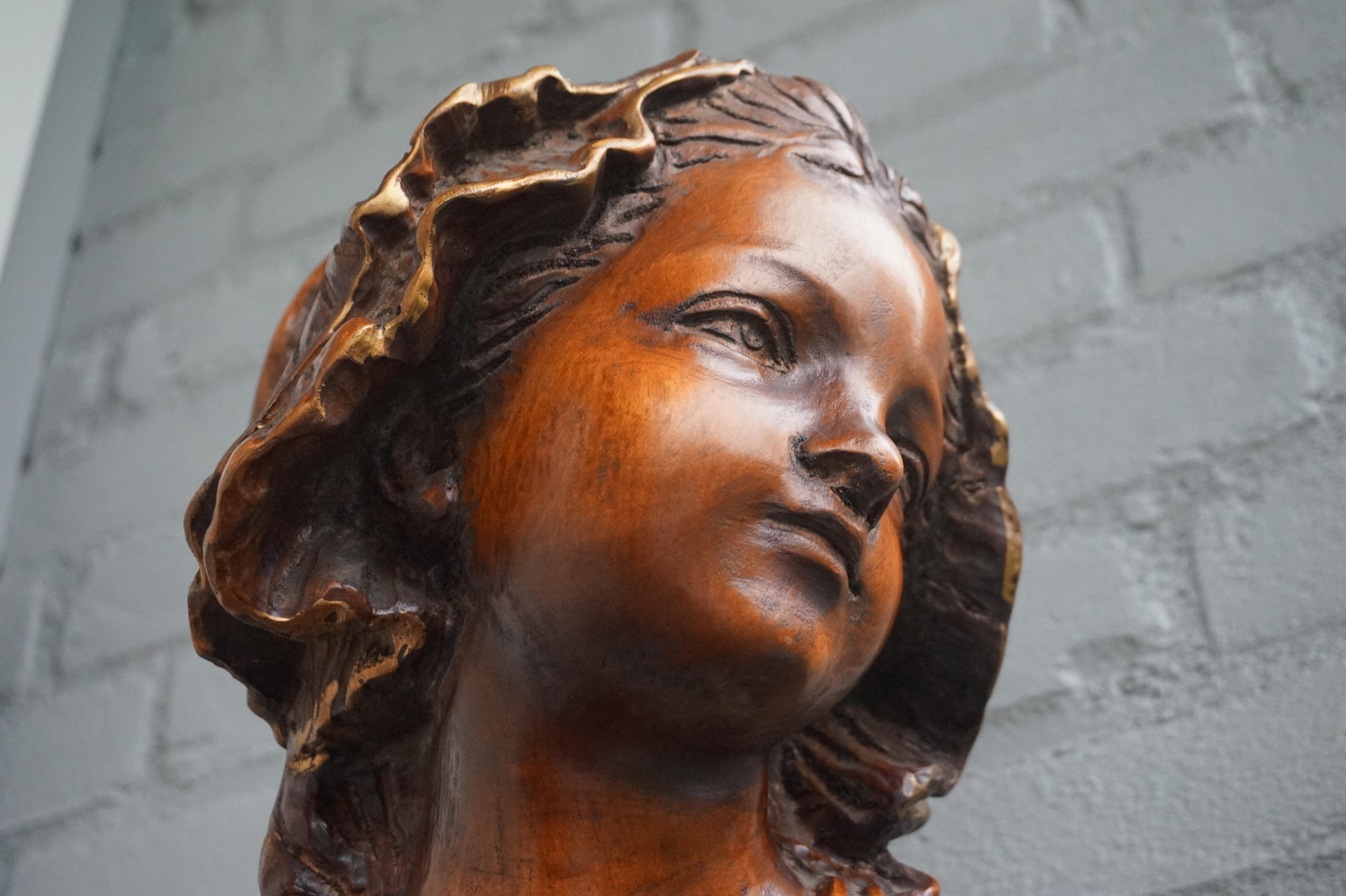 European All Hand Carved Arts & Crafts Era, Wooden Girl Sculpture with Amazing Patina For Sale