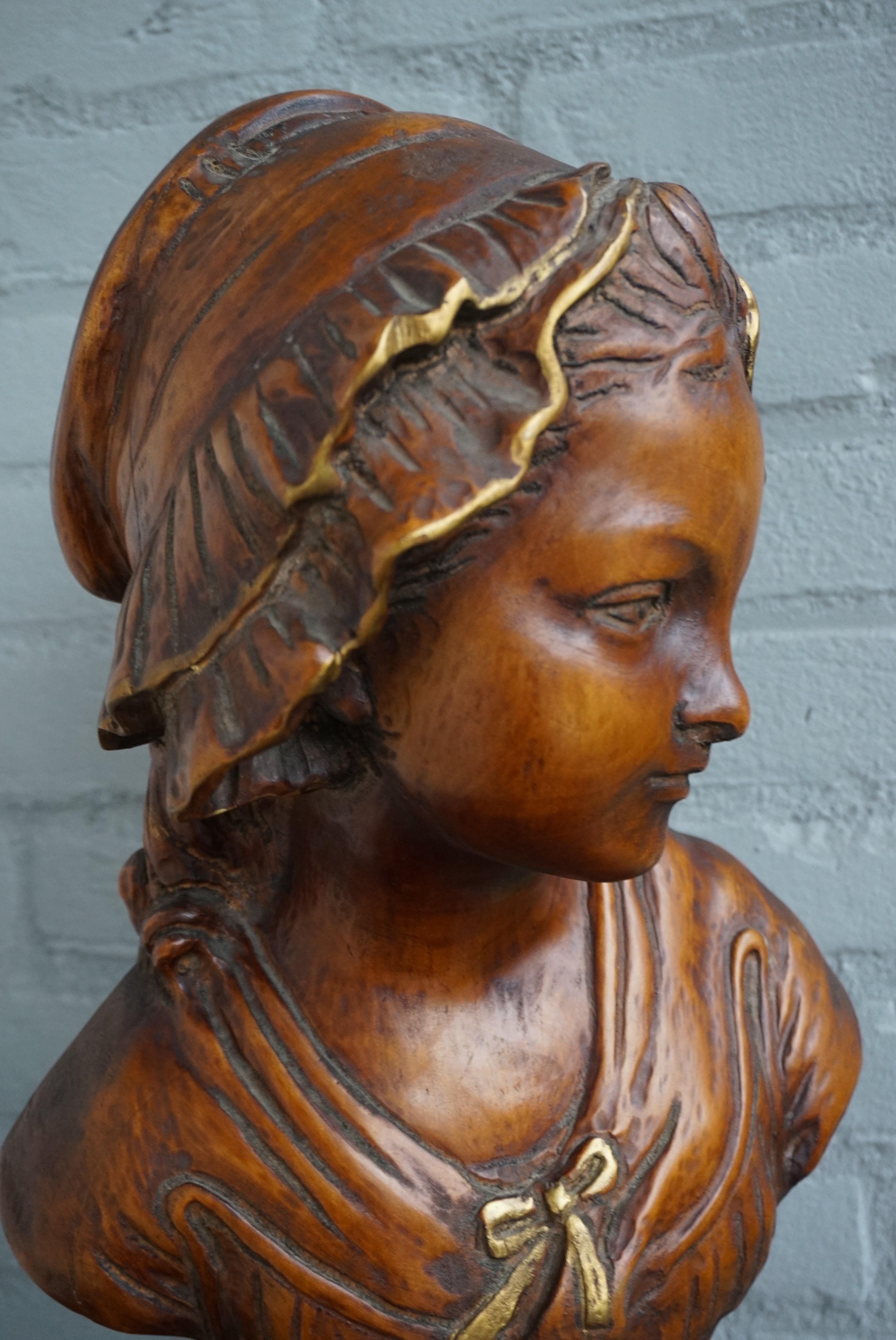 Hand-Carved All Hand Carved Arts & Crafts Era, Wooden Girl Sculpture with Amazing Patina For Sale