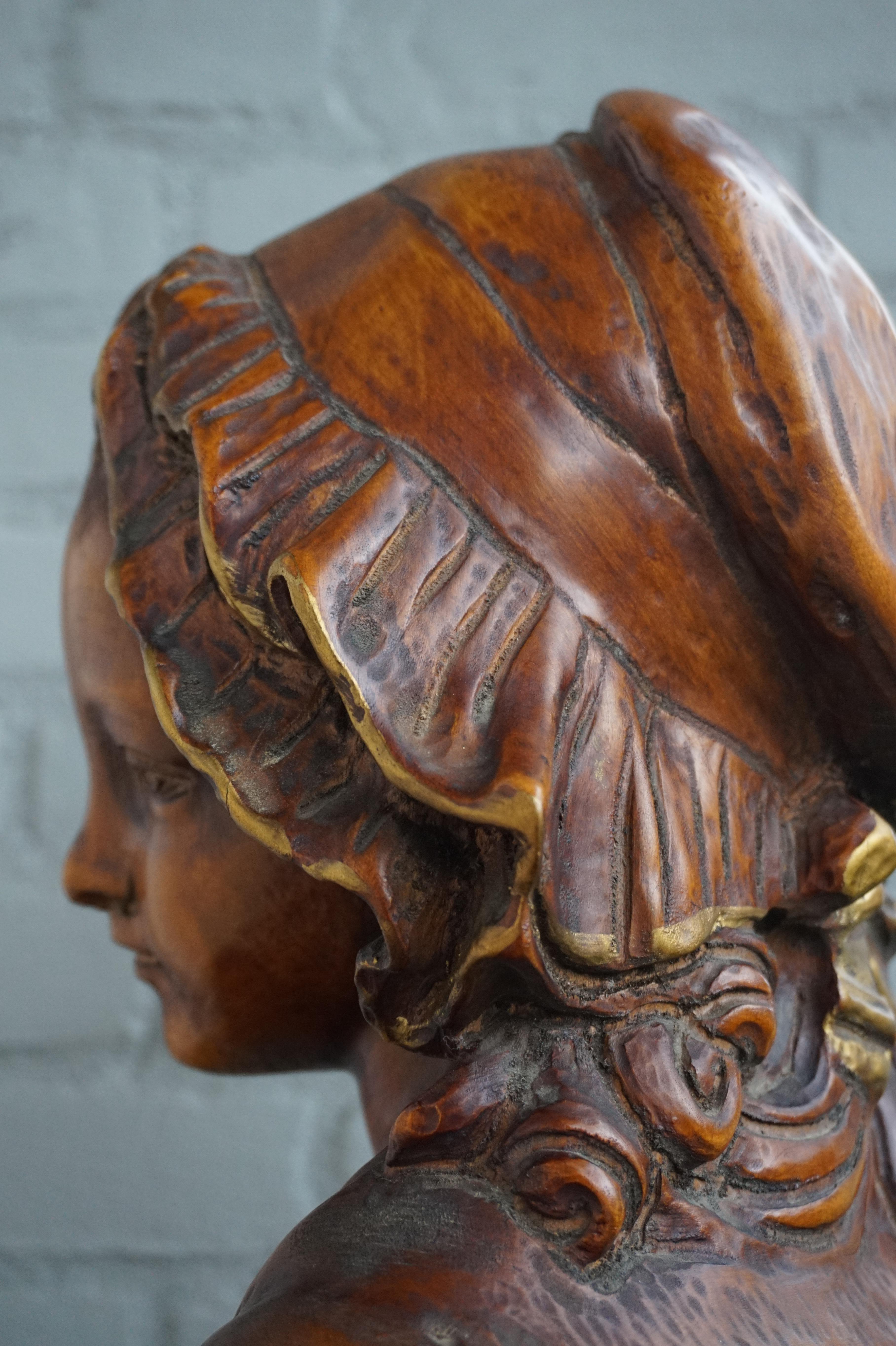 All Hand Carved Arts & Crafts Era, Wooden Girl Sculpture with Amazing Patina In Excellent Condition For Sale In Lisse, NL