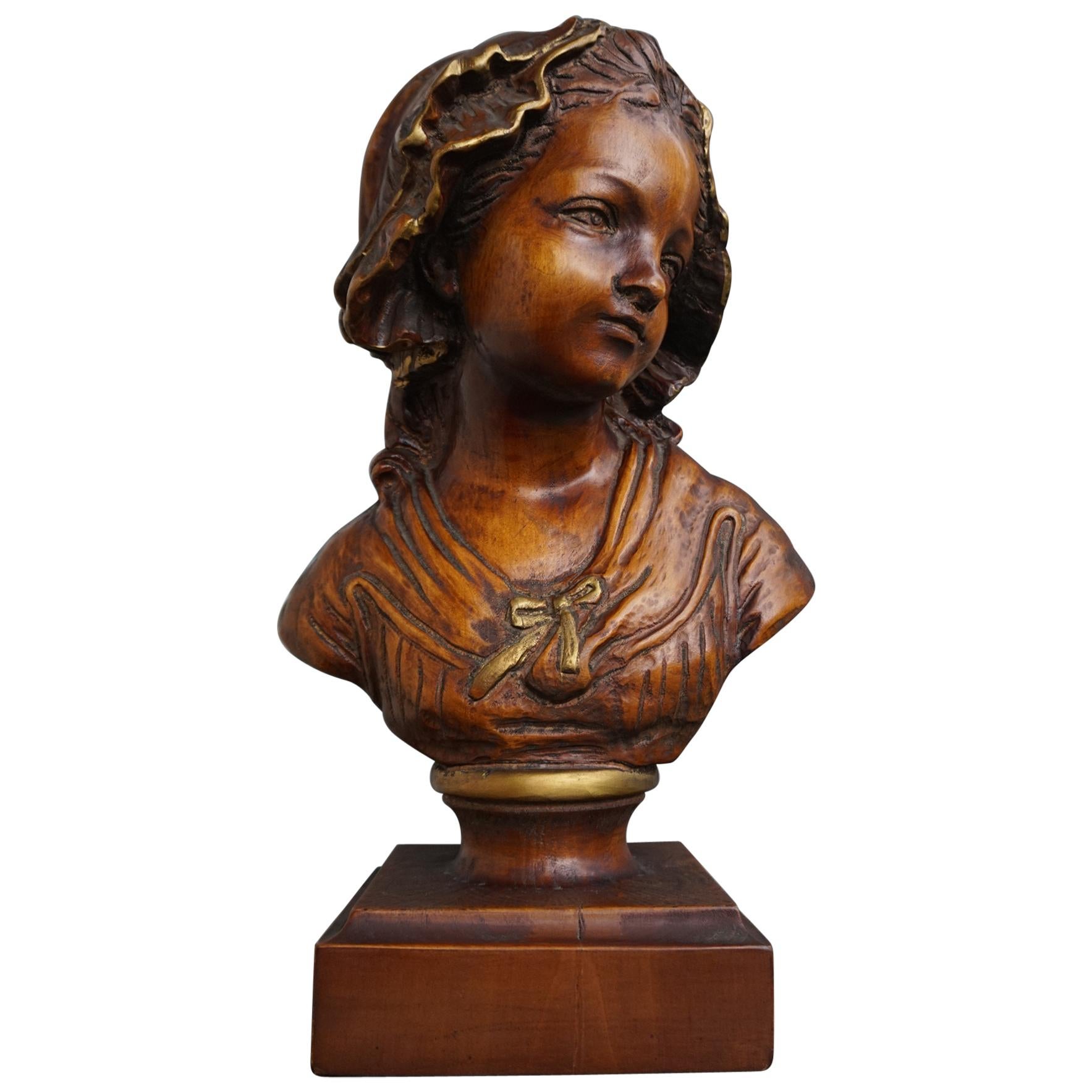All Hand Carved Arts & Crafts Era, Wooden Girl Sculpture with Amazing Patina For Sale