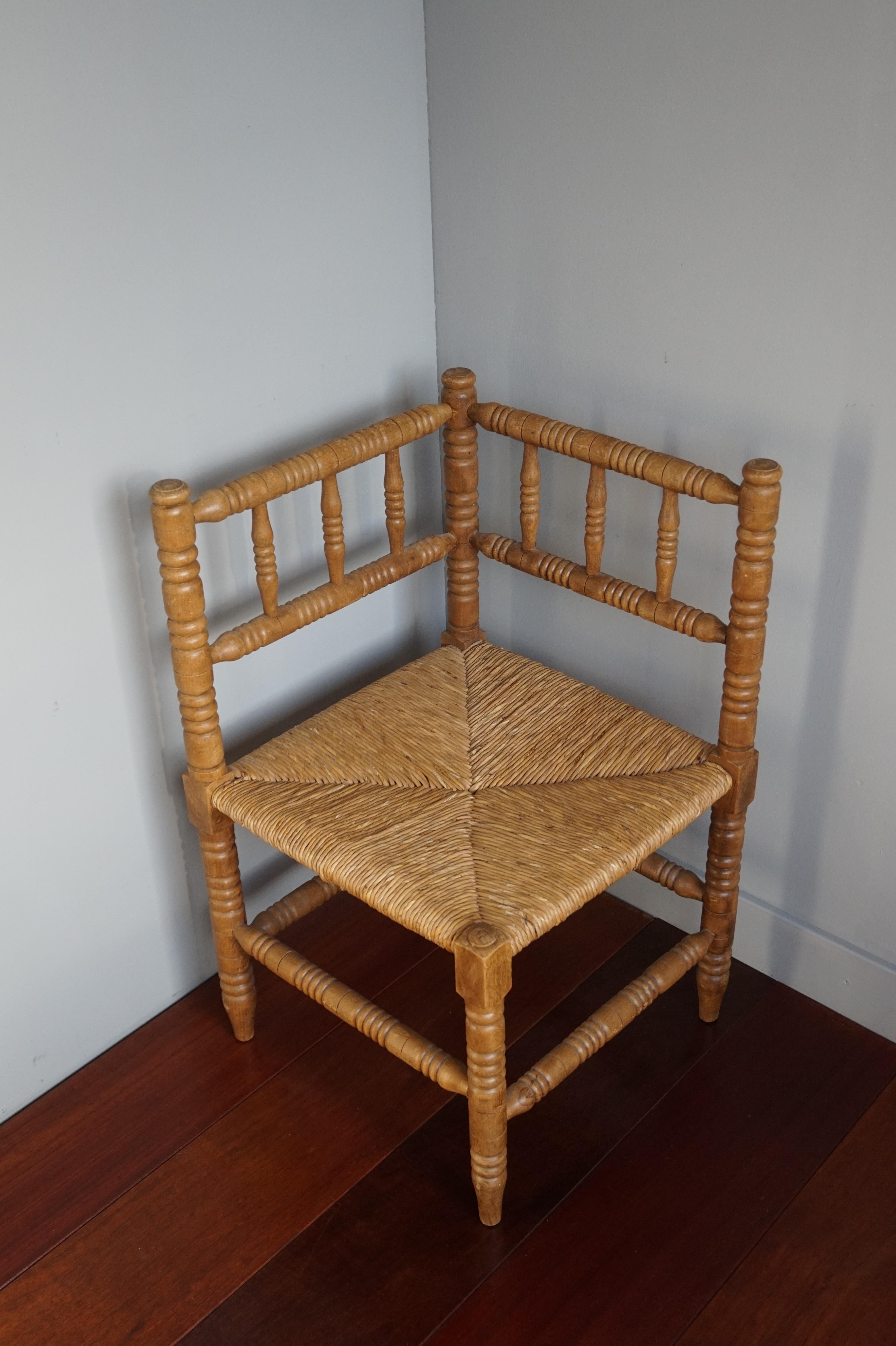 Hand-Carved Handcrafted Antique French Provincial Corner Chair with Handwoven Rush Seat