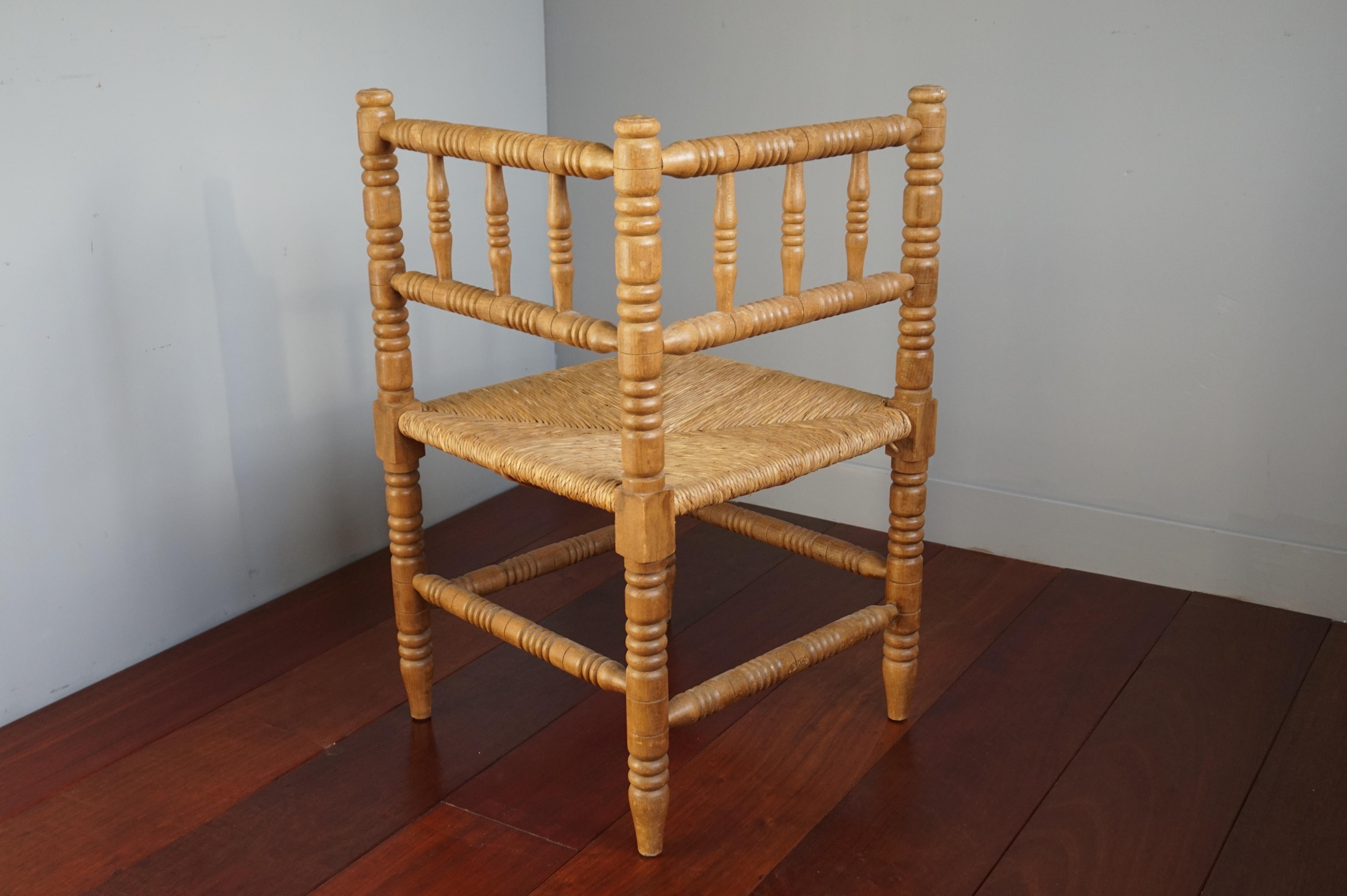 Handcrafted Antique French Provincial Corner Chair with Handwoven Rush Seat In Good Condition In Lisse, NL