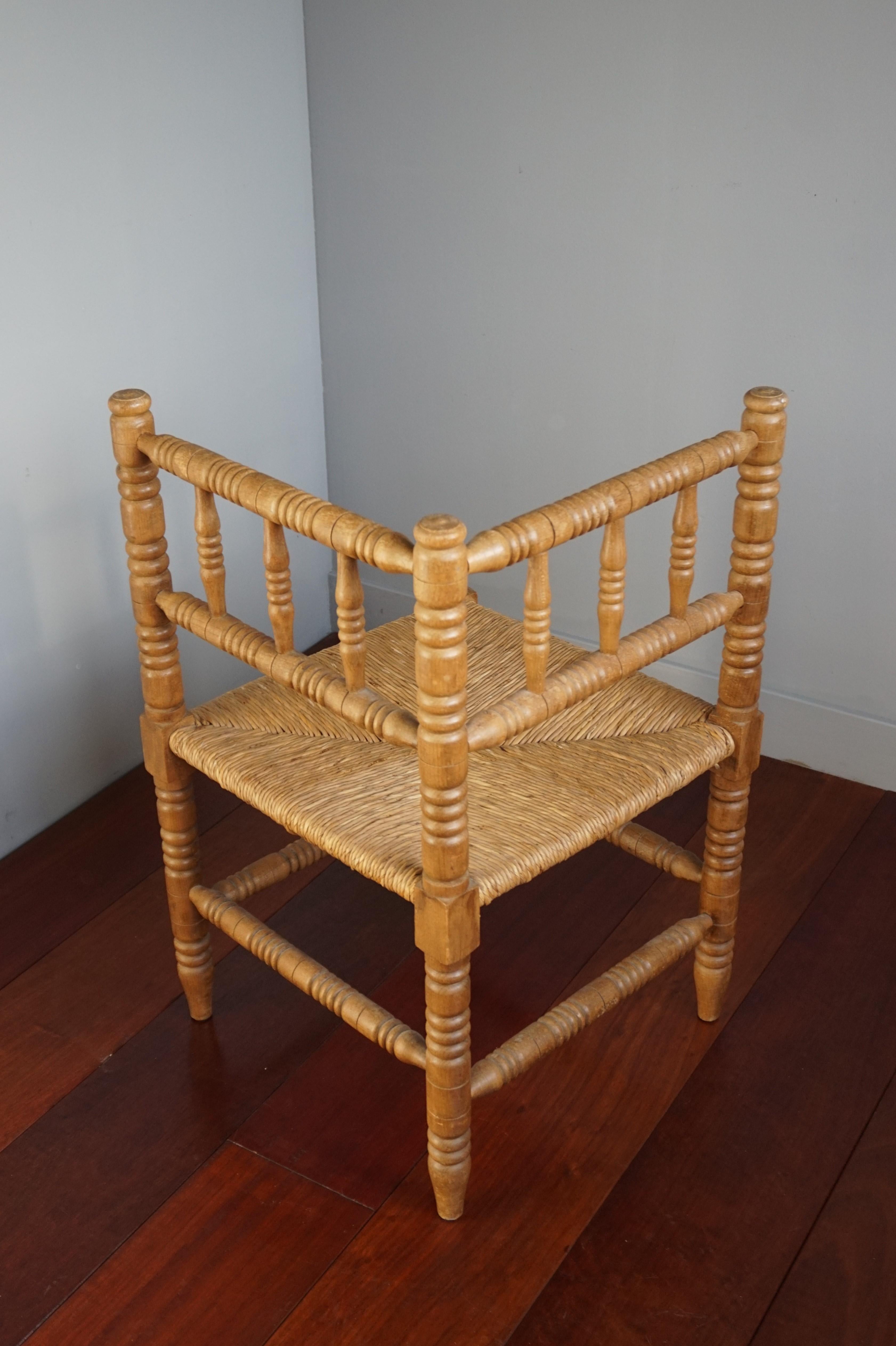 Early 20th Century Handcrafted Antique French Provincial Corner Chair with Handwoven Rush Seat