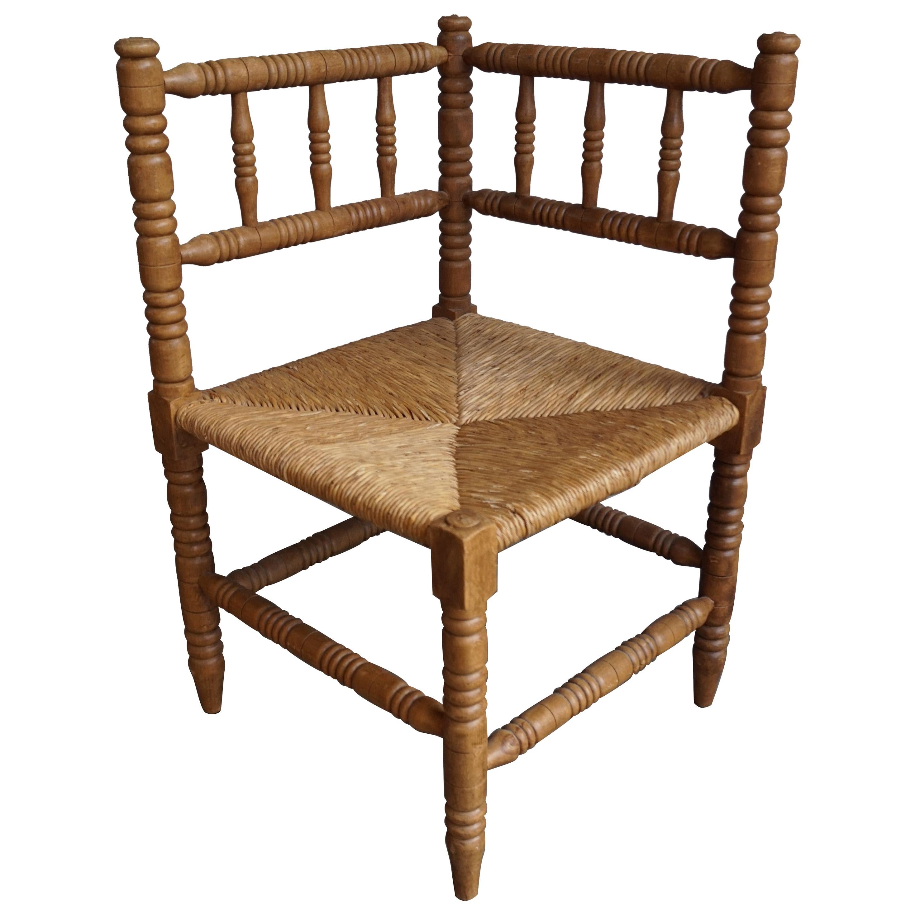 Handcrafted Antique French Provincial Corner Chair with Handwoven Rush Seat