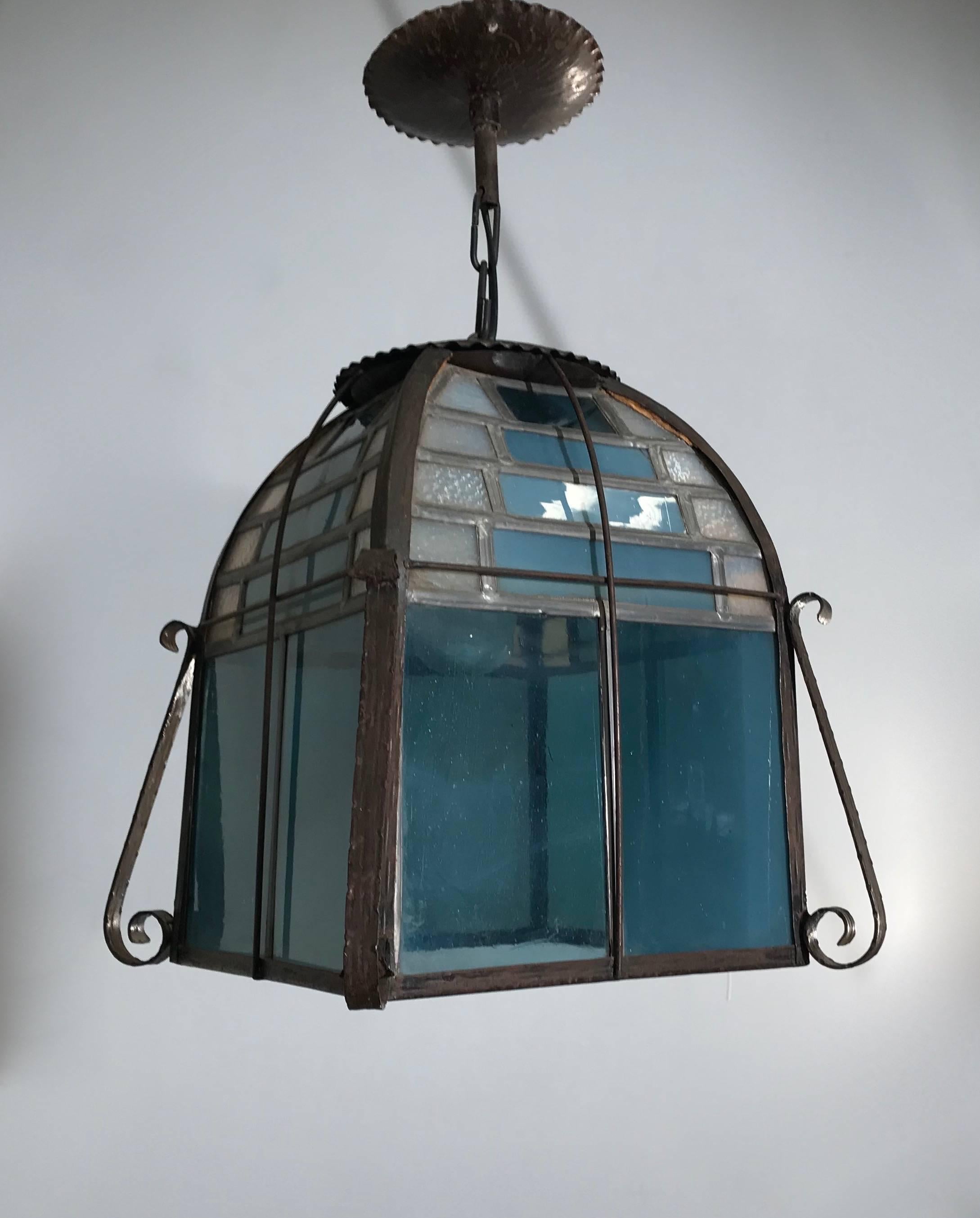 European Rare All Handcrafted Stain Leaded Arts & Crafts Great Blue Glass Pendant Light