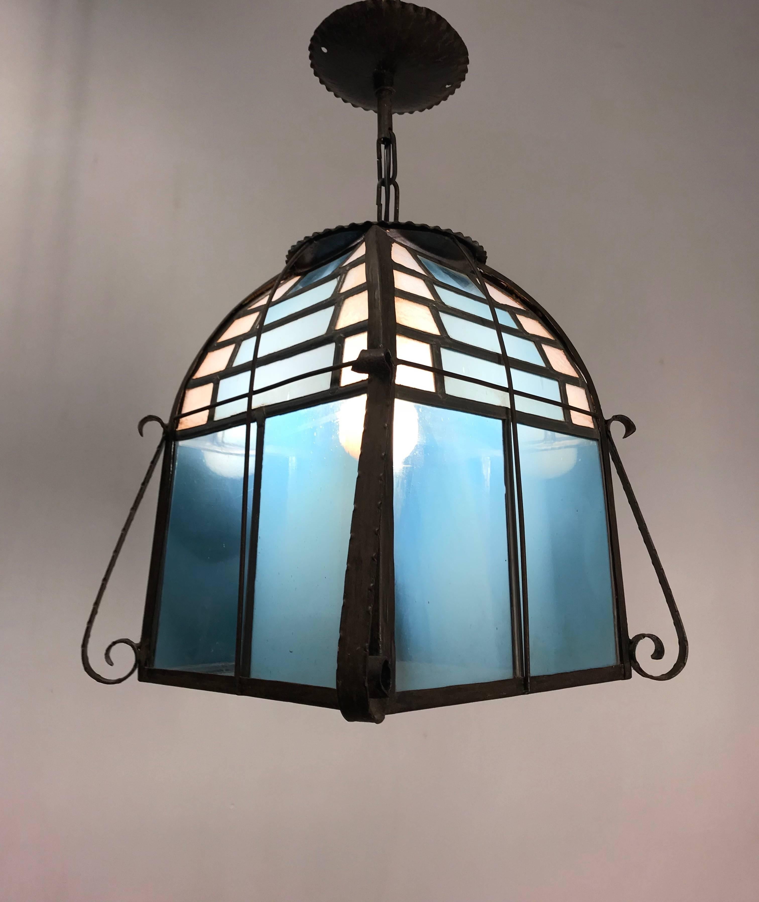 Hand-Crafted Rare All Handcrafted Stain Leaded Arts & Crafts Great Blue Glass Pendant Light