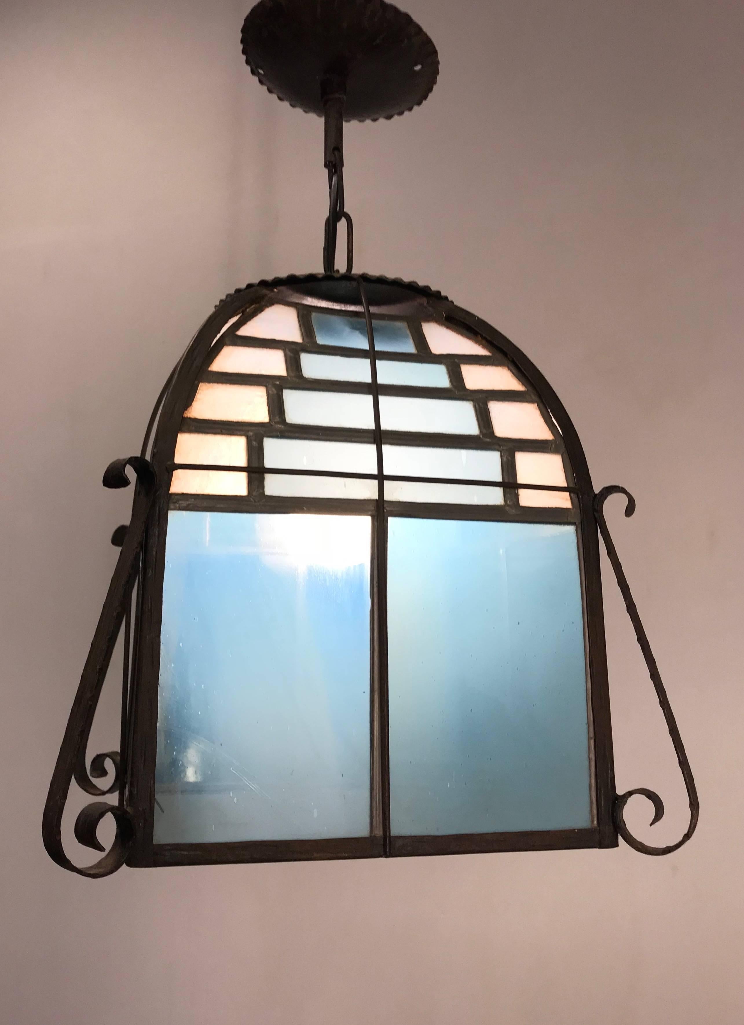 Rare All Handcrafted Stain Leaded Arts & Crafts Great Blue Glass Pendant Light In Good Condition In Lisse, NL