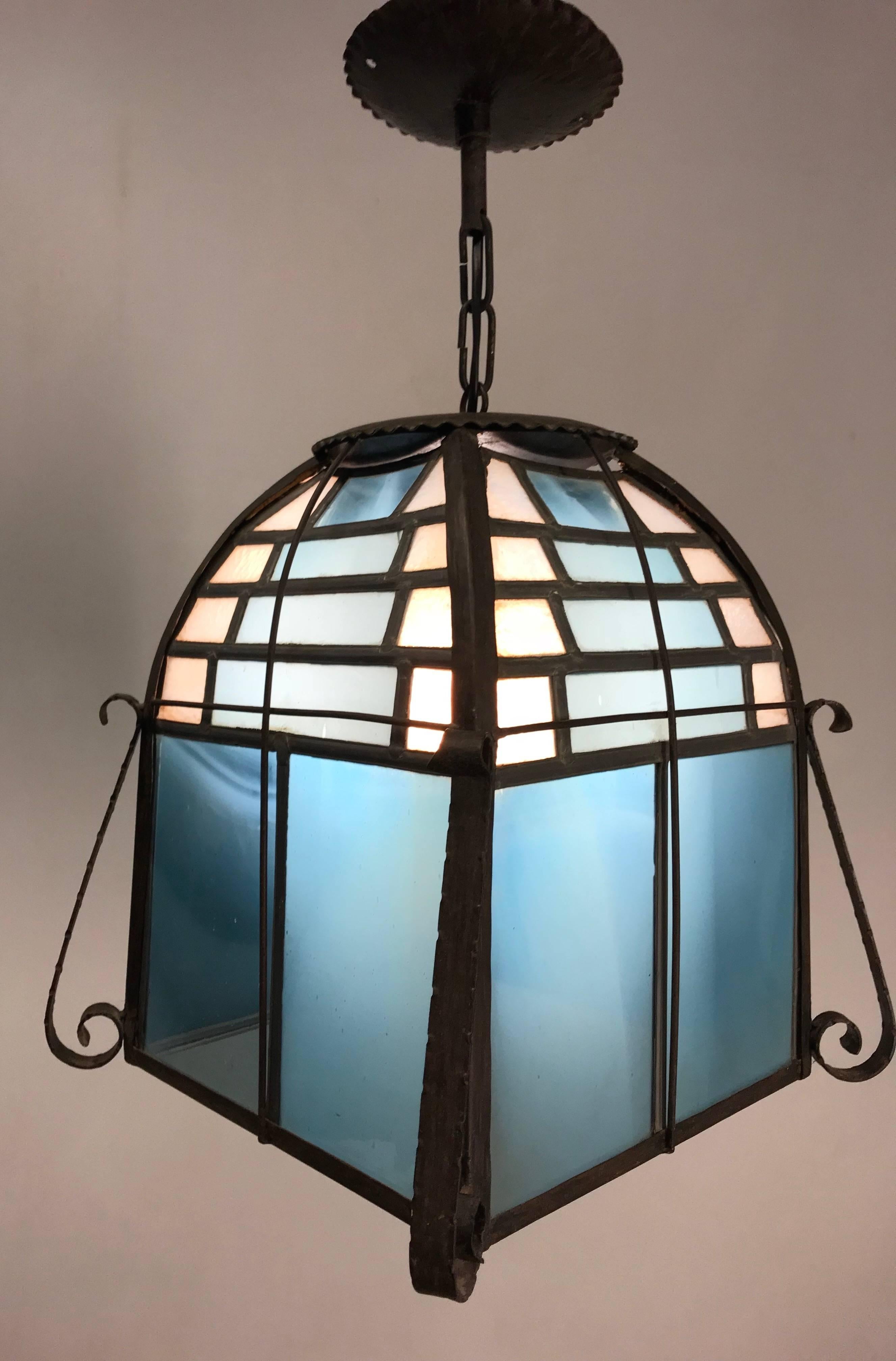 Rare All Handcrafted Stain Leaded Arts & Crafts Great Blue Glass Pendant Light 1