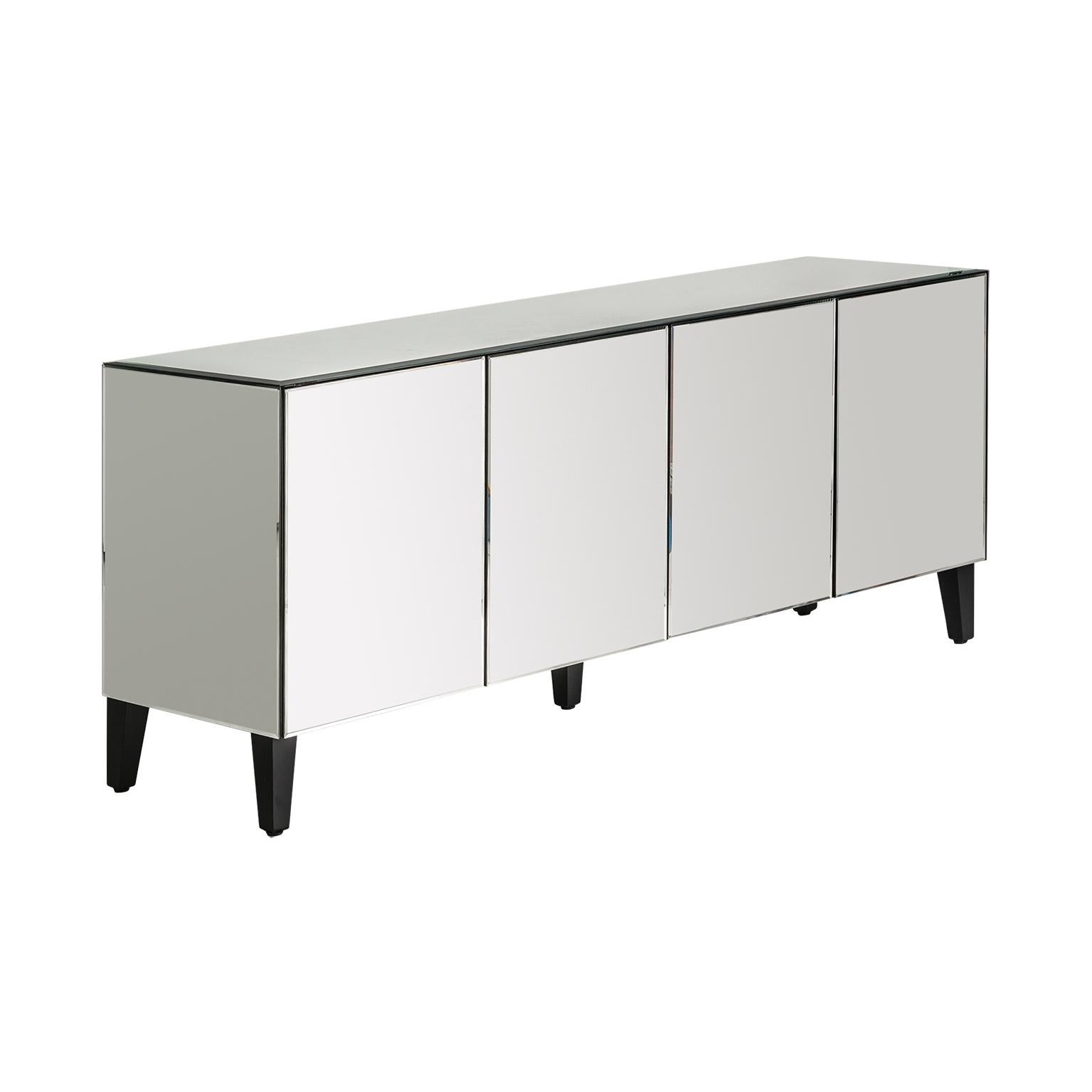 Regency All in Beveled Mirrored and Black Compas Feet Sideboard