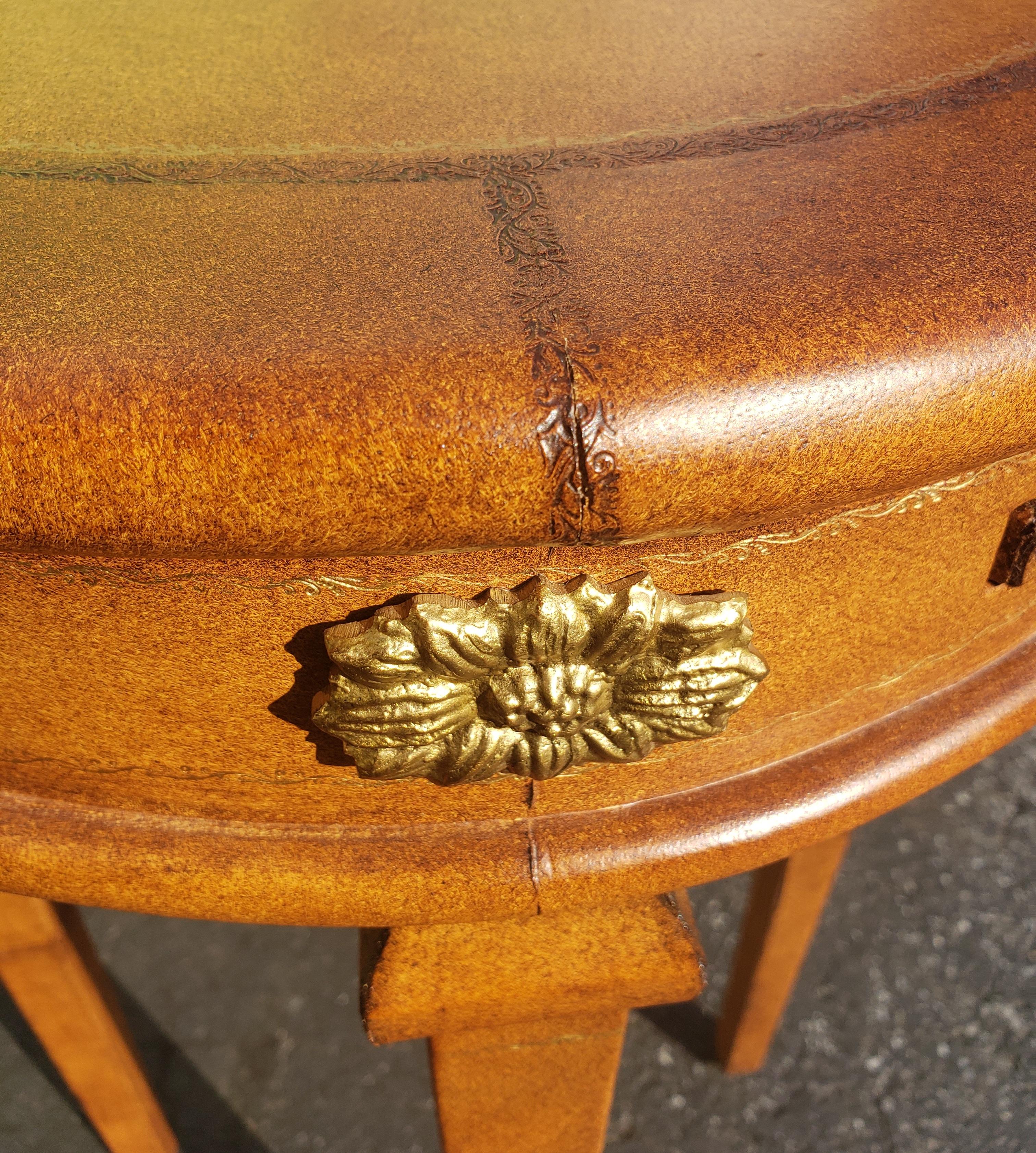 20th Century All Leather Wrapped and Brass Mounted Gueridon Side Table w Tray For Sale