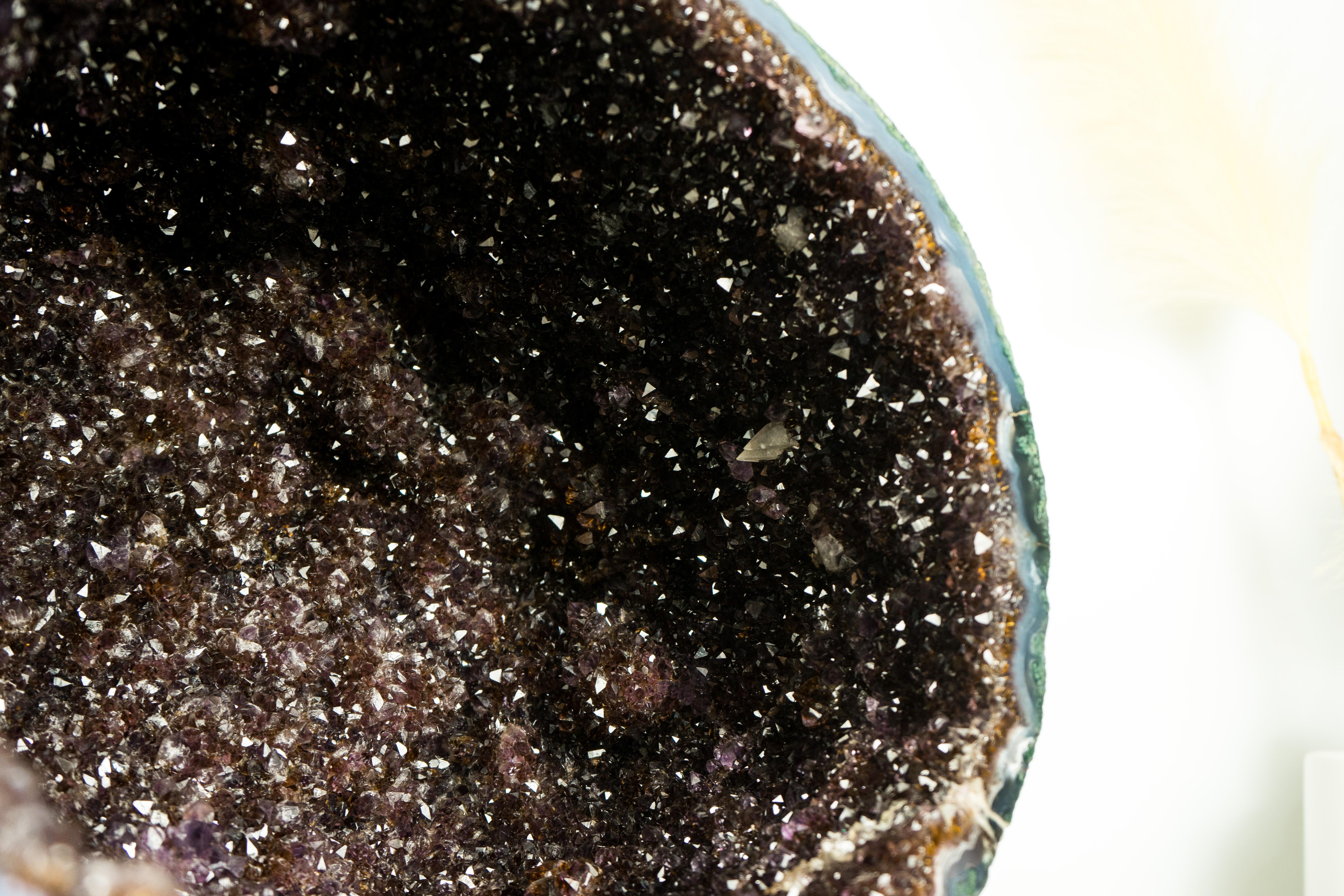 Stunning Amethyst Geode with Shining Crystals and Rare Golden Cacoxenite

▫️ Description

An Amethyst Geode that will elevate your space with its sparkly Amethyst druzy featuring golden Cacoxenite inclusions and aesthetic cave formation. This geode