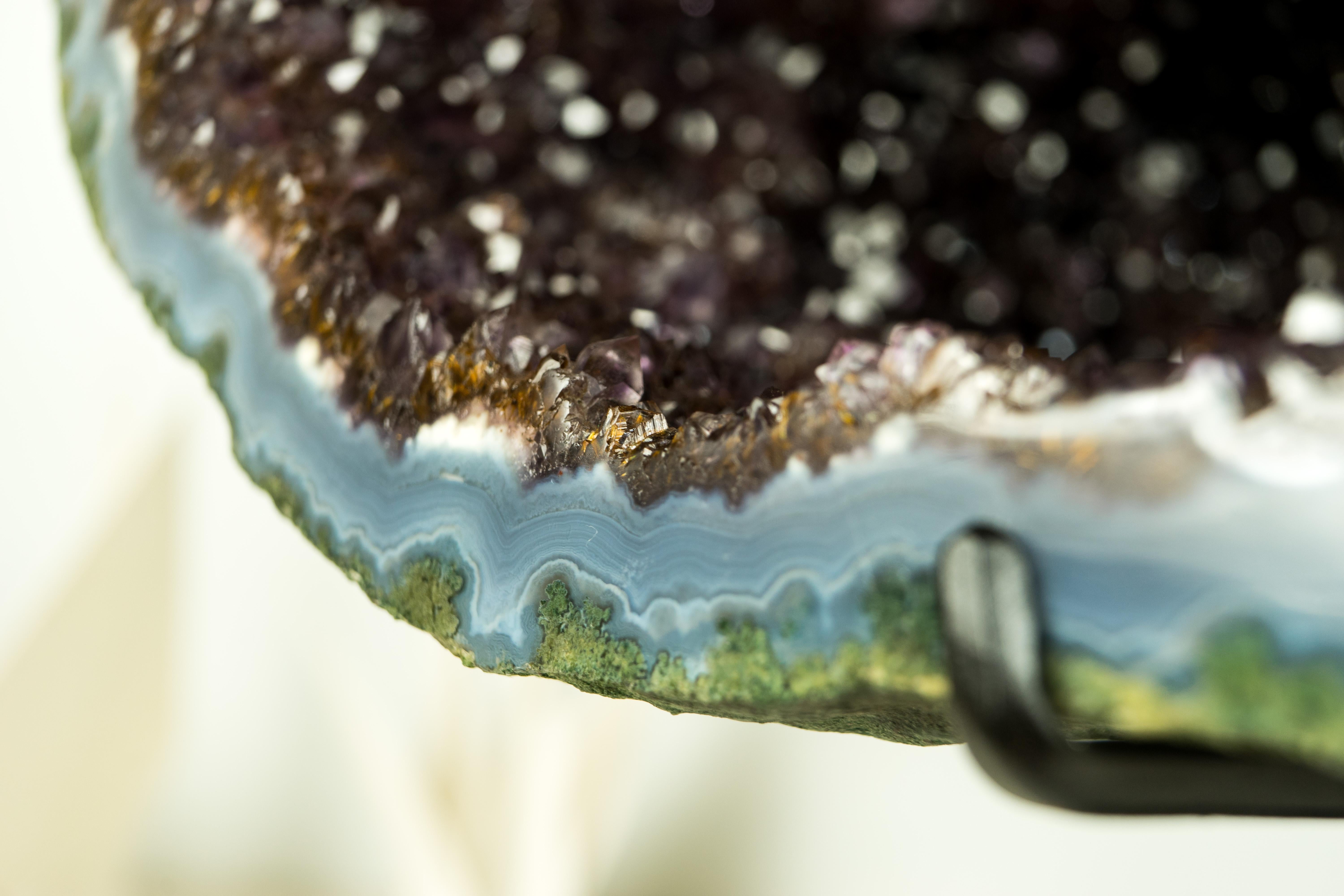 Brazilian All-Natural Amethyst Geode Cave with Sparkling Points on Stand, High-End Crystal For Sale