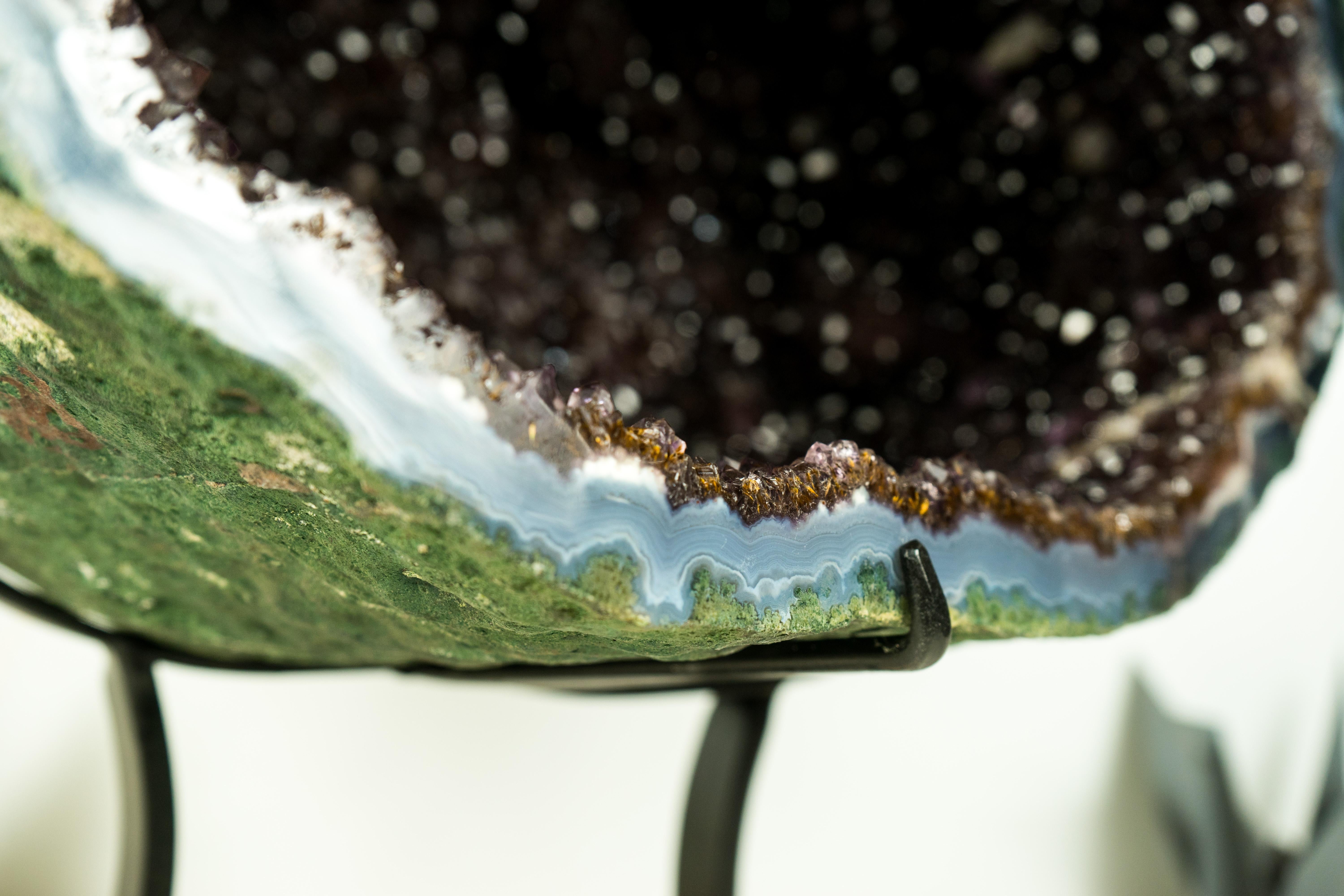 Contemporary All-Natural Amethyst Geode Cave with Sparkling Points on Stand, High-End Crystal For Sale