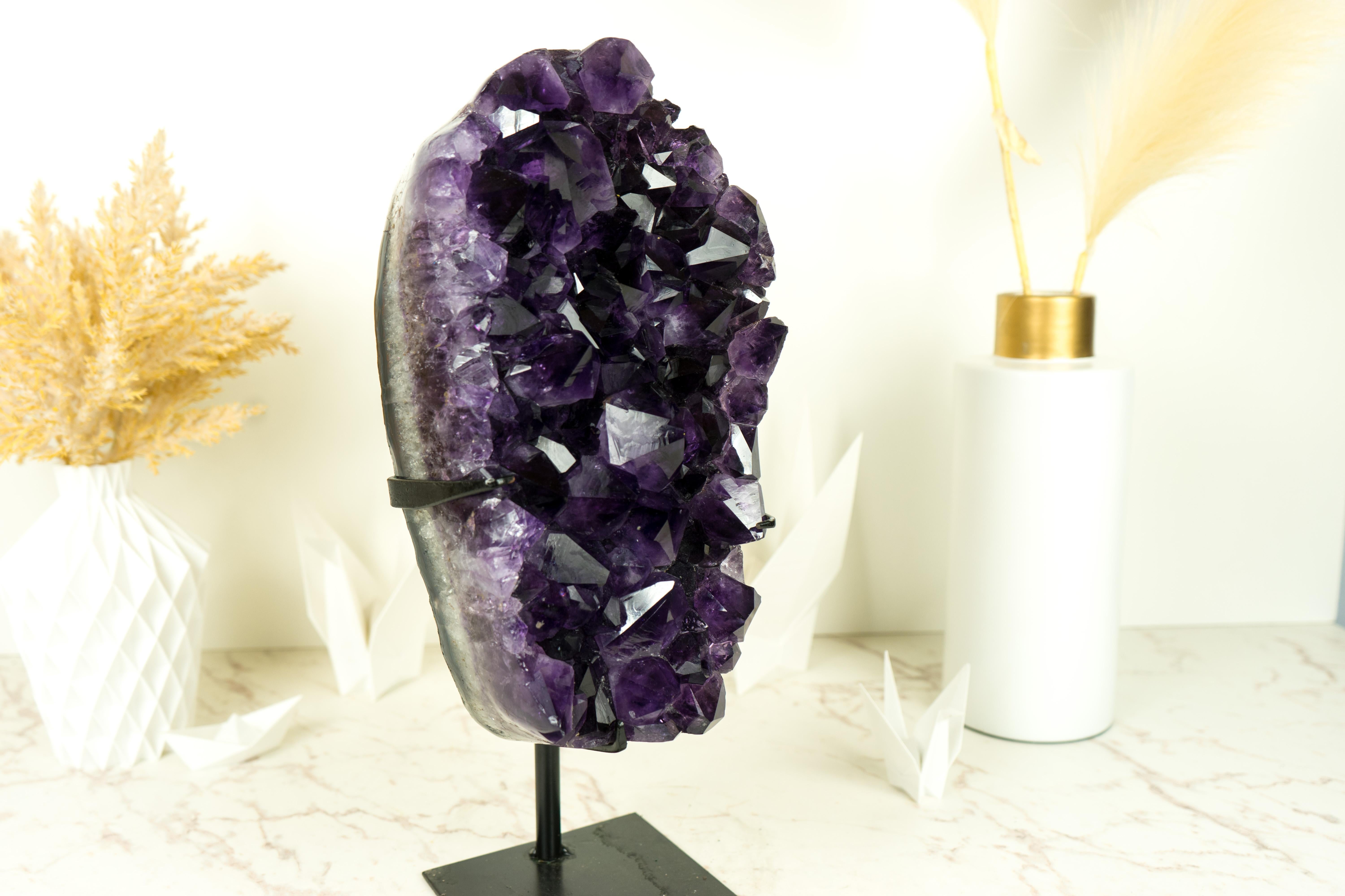 A phenomenal AAA Amethyst Geode Cluster that surely will leave you in awe, this natural Amethyst brings large size and world-class characteristics that will make it a phenomenal addition to any crystal collection or decor.

The deep purple color