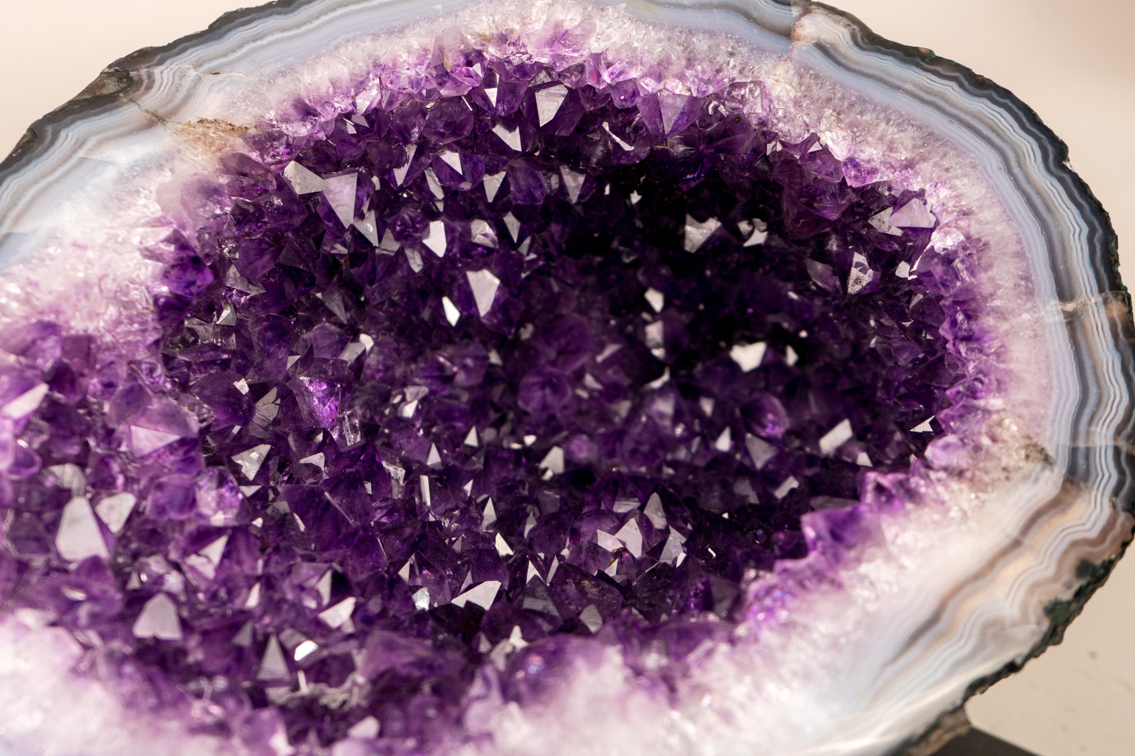 All-Natural Purple Amethyst Geode Framed by Polished Blue Lace Agate For Sale 4
