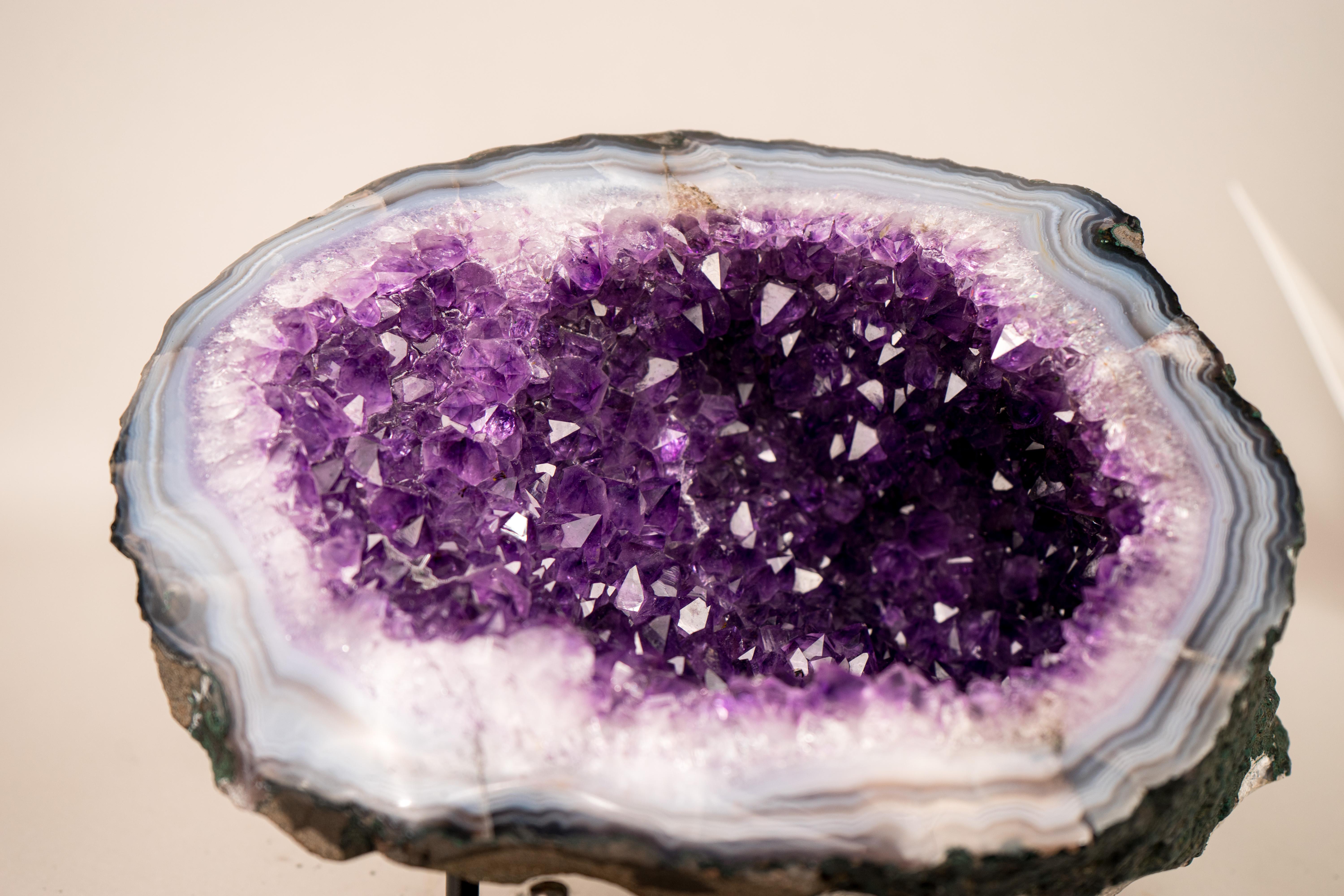 Brazilian All-Natural Purple Amethyst Geode Framed by Polished Blue Lace Agate For Sale