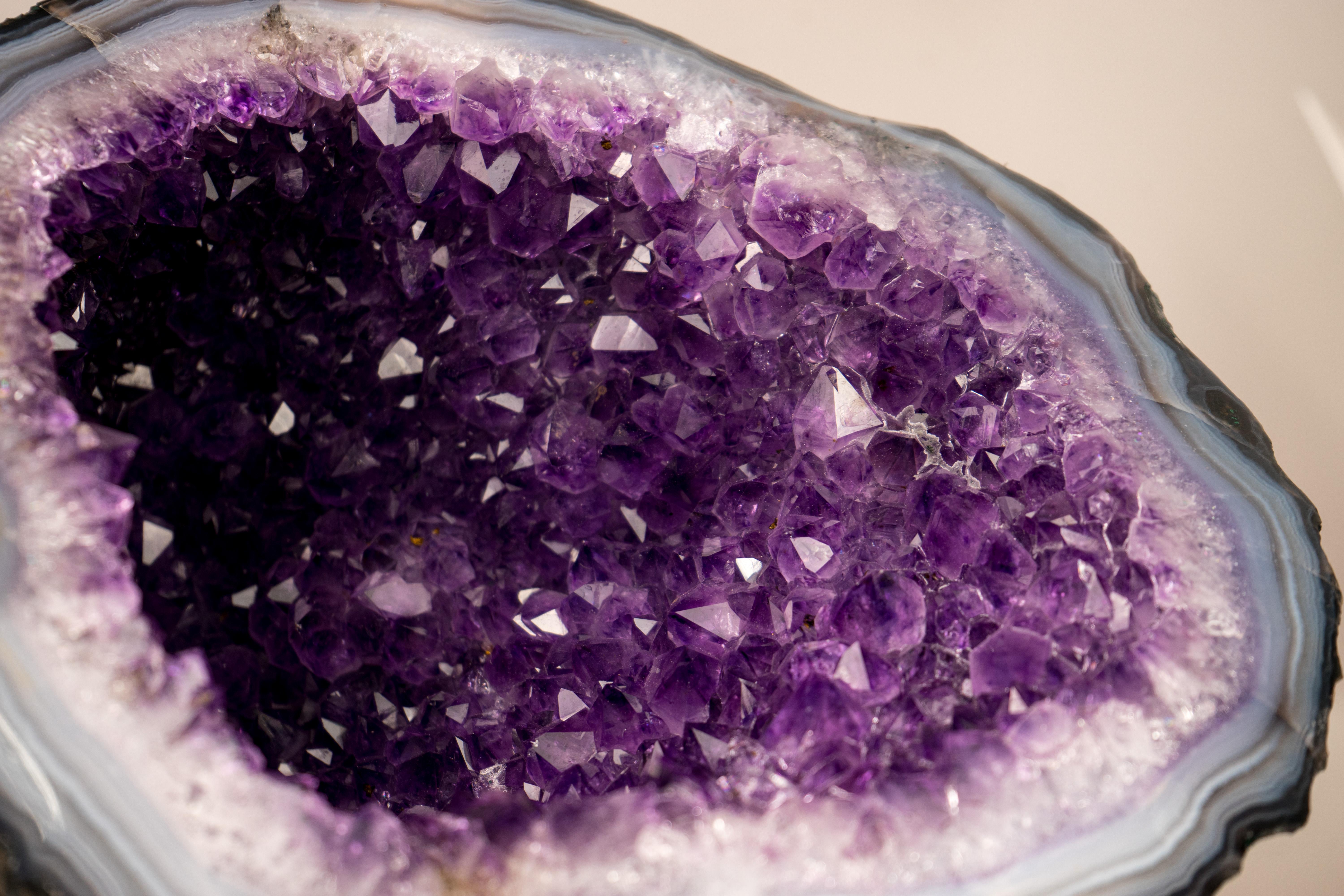 Crystal All-Natural Purple Amethyst Geode Framed by Polished Blue Lace Agate For Sale