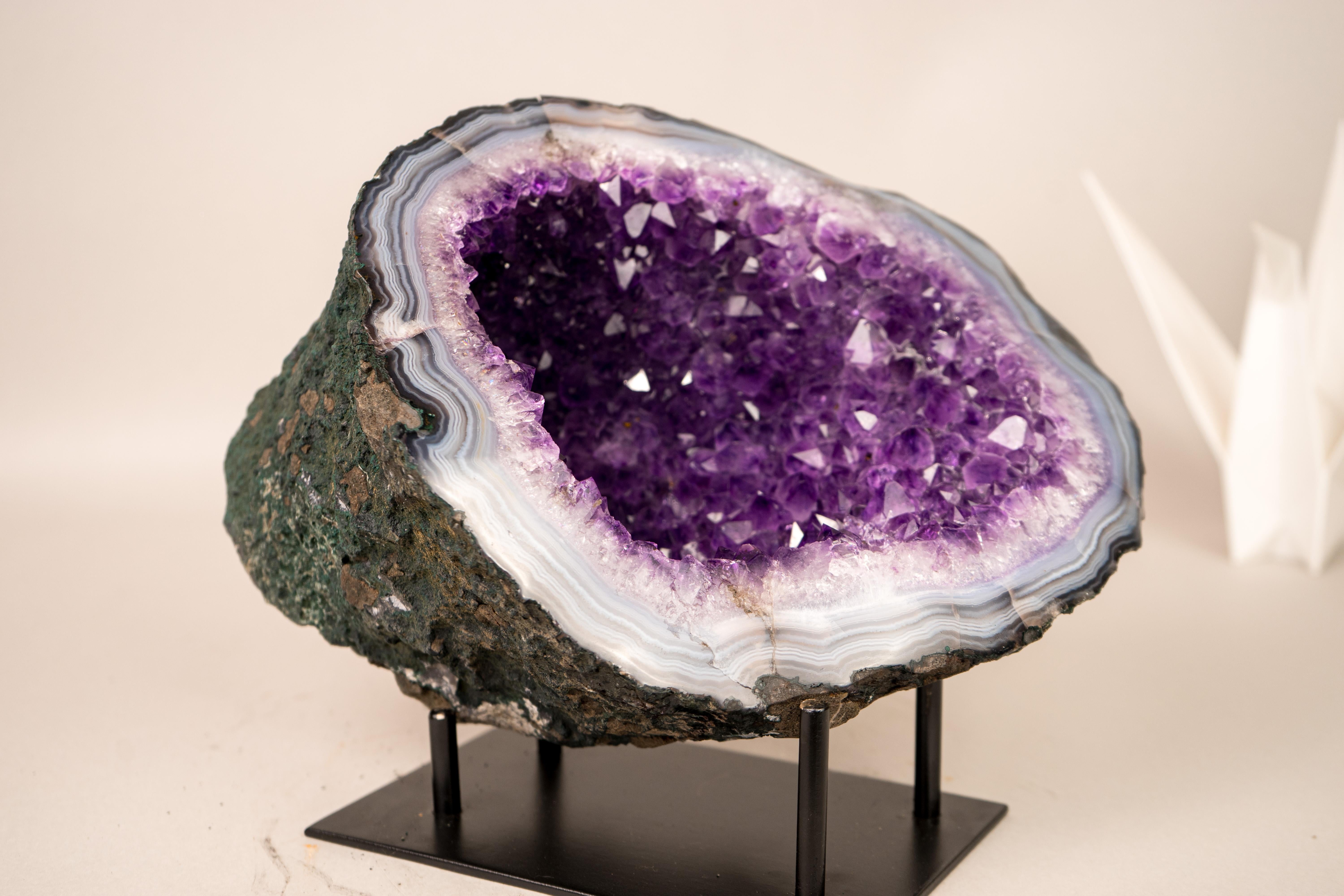 All-Natural Purple Amethyst Geode Framed by Polished Blue Lace Agate For Sale 2