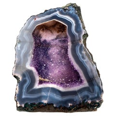 All-Natural, Rare Blue & White Banded Agate with Galaxy Amethyst Geode Cave