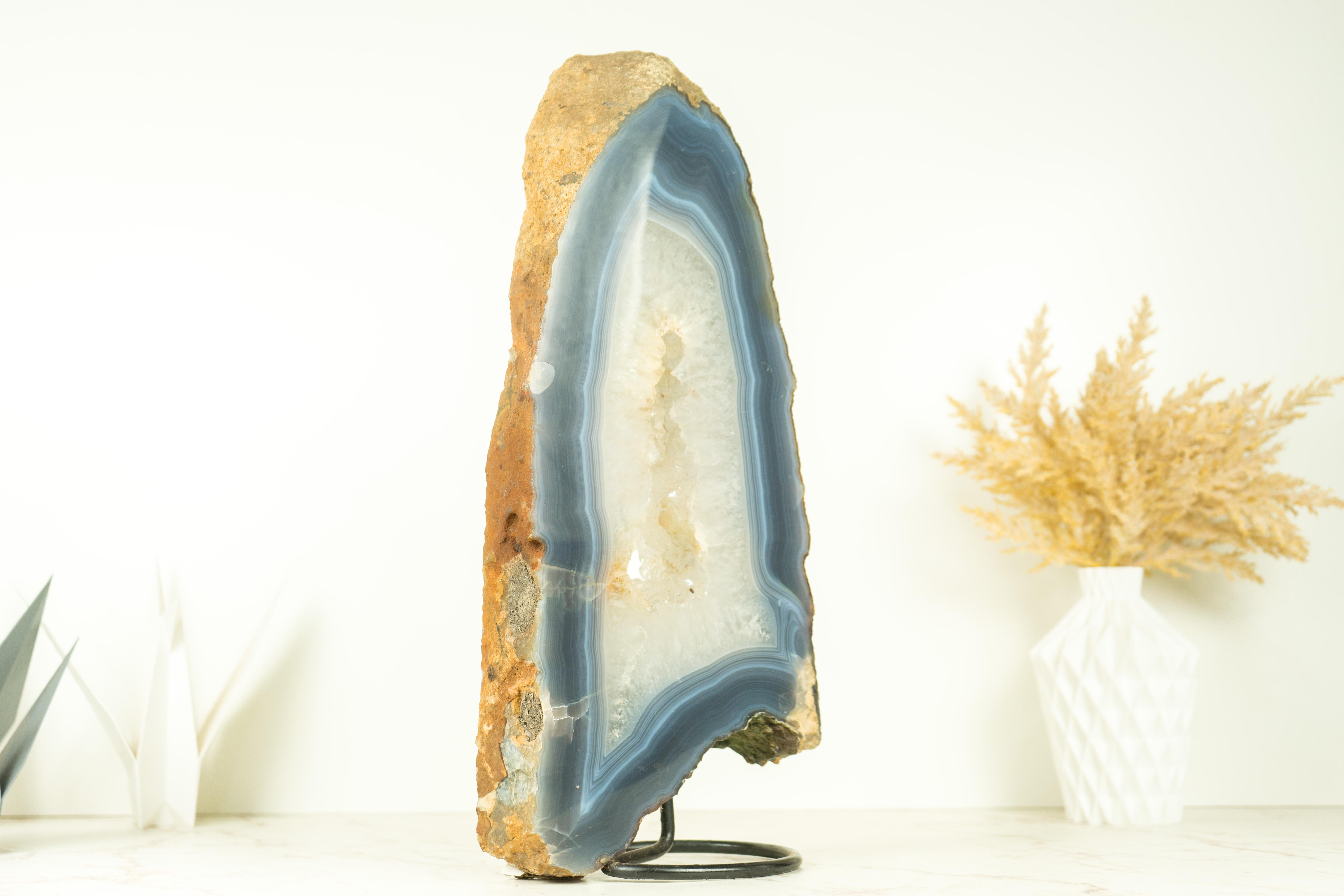 Contemporary All-Natural White and Blue Lace Agate with Druzy Geode Slice, Doube-Sided  For Sale