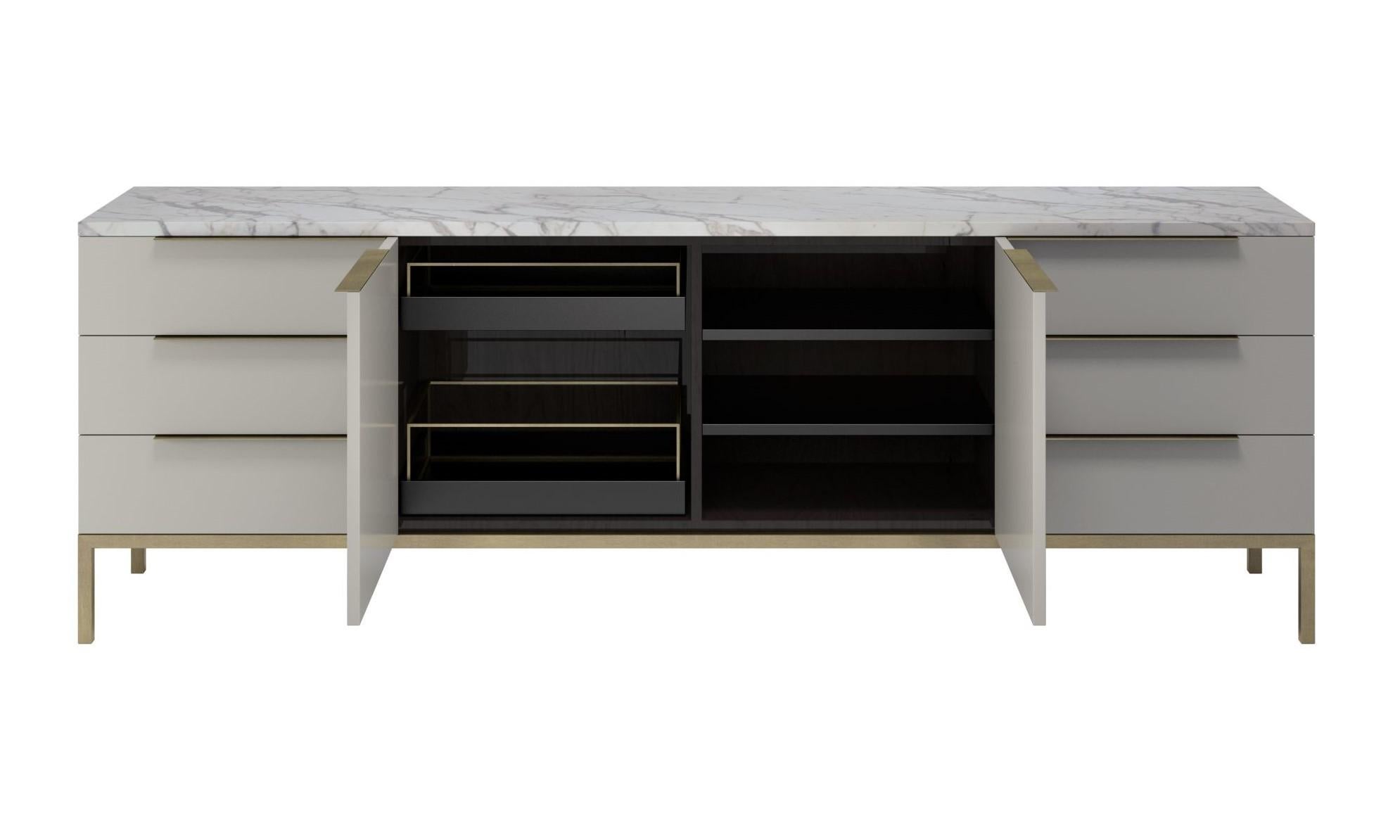 The straight lines that characterize the All Night long sideboard highlight its clean and timeless design. The mix of the metallic structure with the nobility of marble reinforces the contemporary feel of the piece. Available in different finishes