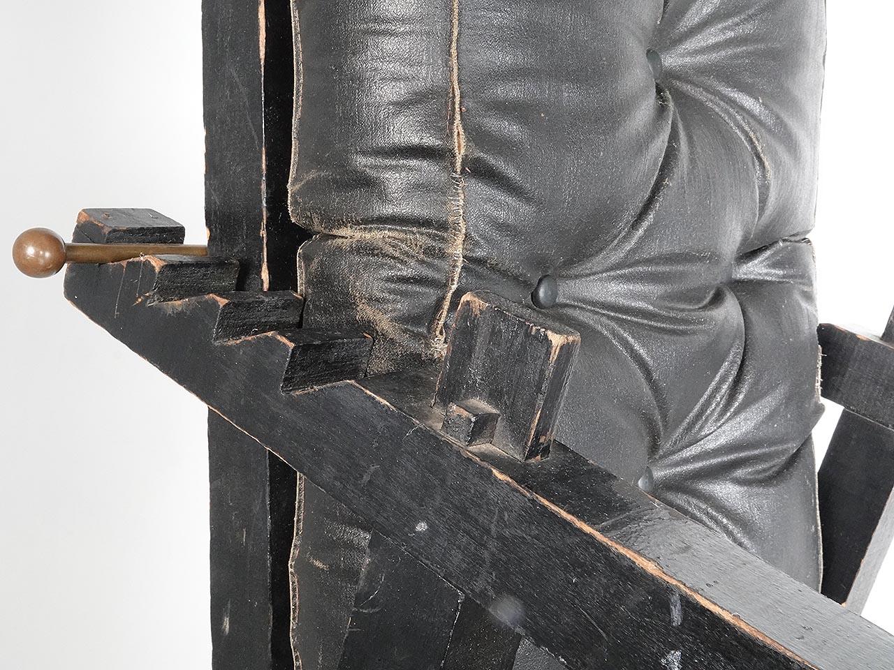 This hand made prototype or child's size chair is a original survivor of the art and design movement De Stijl. Its design follows the De Stijl ideals of horizontal and vertical planes of geometry. The original fabric horse hair filled seat and back