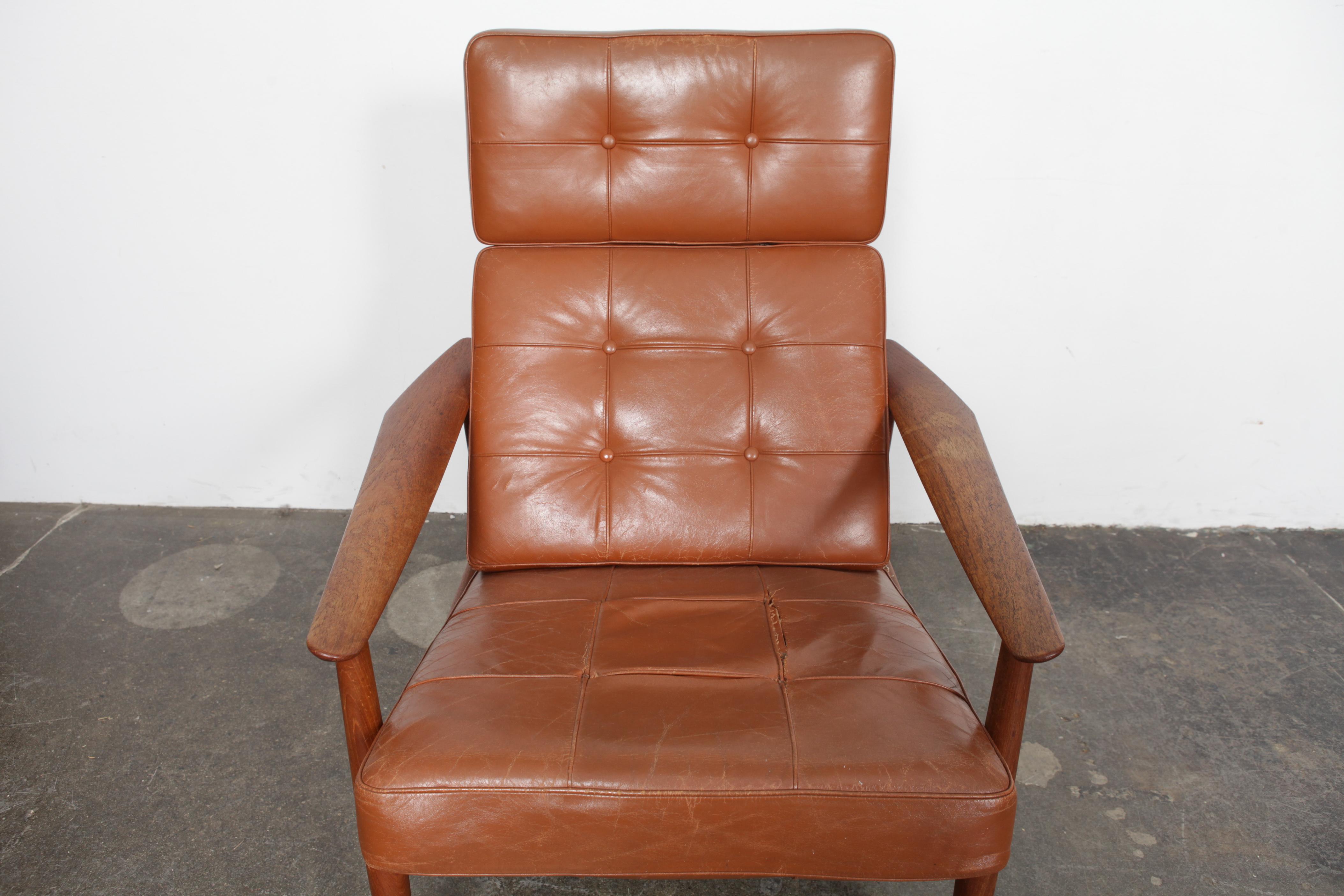 Danish All Original Arne Vodder Leather Lounge Chair with Teak Frame, Denmark