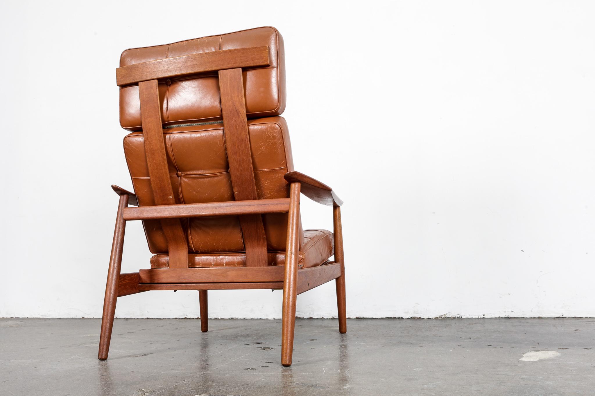 All Original Arne Vodder Leather Lounge Chair with Teak Frame, Denmark In Good Condition In North Hollywood, CA